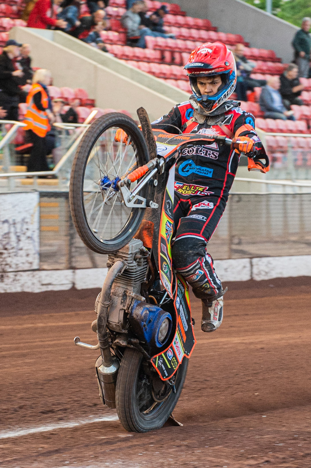 Photo: Ian Charles

Jordan Palin  pulls a wheelie

Belle Vue Colts v Plymouth Gladiators National League, Belle Vue National Speedway Stadium, Manchester, Thursday 23  May  2019