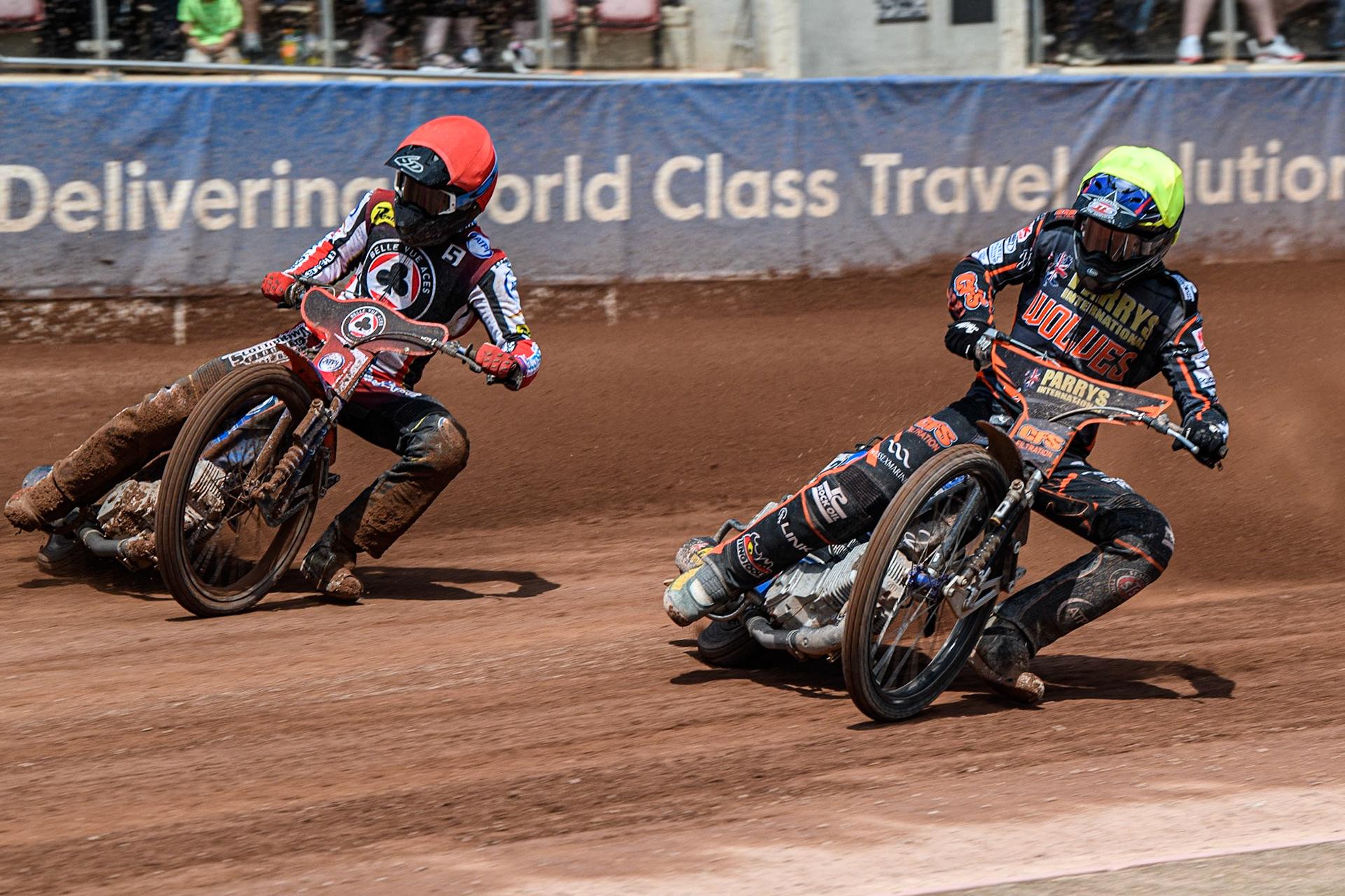 Steve Worrall (Yellow) inside Brady Kurtz (Red) during the Sports Insure Premiership match between Belle Vue Aces and Wolverhampton Wolves at the National Speedway Stadium, Manchester on Monday 29th May 2023. (Photo: Ian Charles | MI News)