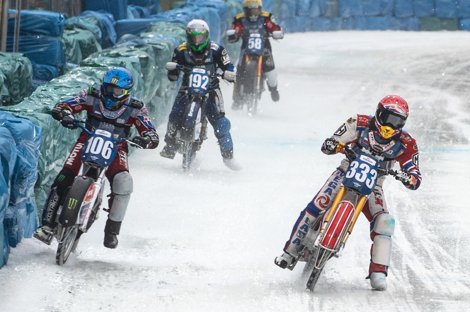 Photo: Ian Charles

Dmitri Koltakov (106) and Danil Ivanov (333) battle it out in Semi Final 1 with Niclas Svensson (192) and Stefan Svensson (58) behind

FIM Ice Speedway Gladiators World Championship, Final 3.2, Horst-Dohm Eisstadion, Berlin, Germany Sunday  3  March  2019
