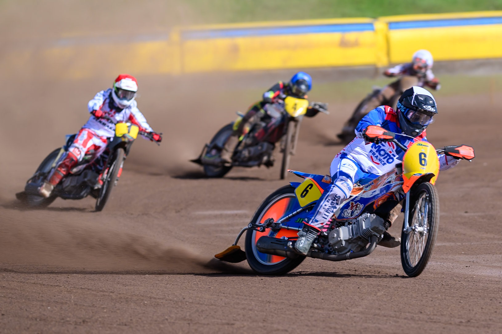 Jordan Dubernard (6) of France in Black &amp; White leading Kenneth Kruse Hansen (1) of Denmark in Red Mathias Tresarrieu (4) of France in Blue  and Patrick Kruse (2) of Denmark in White  during the FIM Long Track of Nations 2026 at the Speed Centre Roden in the Netherlands on Sunday 20th September 2026. (Photo: Ian Charles | MI News)