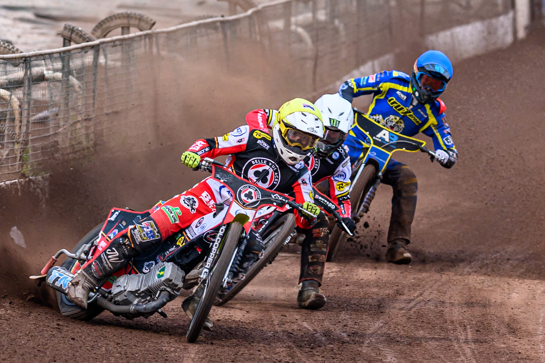 Tate Zischke of Belle Vue Aces   in Yellow leading Dan Bewley of Belle Vue Aces   in White and Anders Rowe of Sheffield Tigers  in Blue during the Rowe Motor Oil Premiership match between Sheffield Tigers and Belle Vue Aces at Owlerton Stadium, Sheffield on Monday 11th August 2025. (Photo: Ian Charles | MI News)