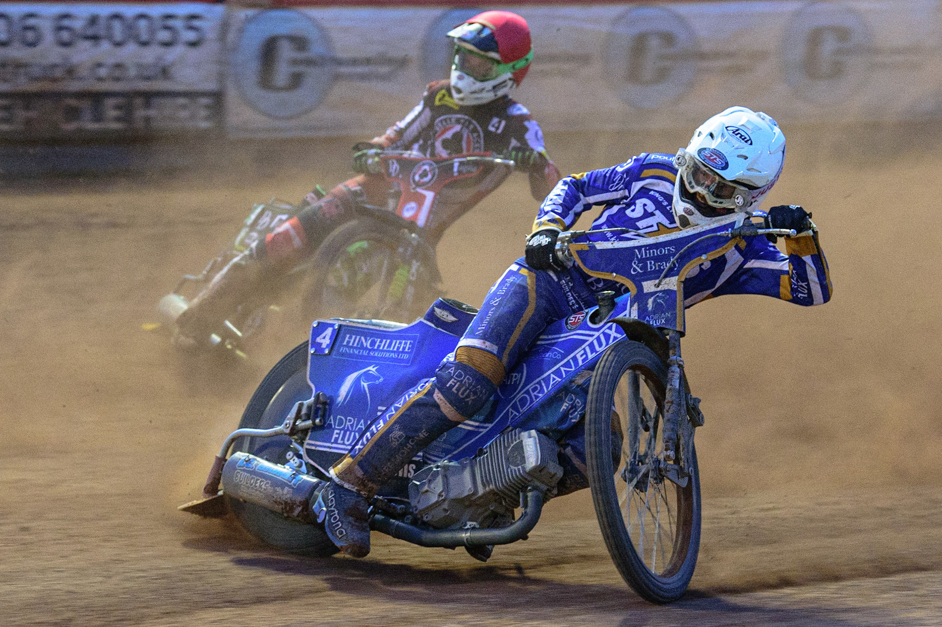 MANCHESTER UK  Lewis Kerr  (White) leads Charles Wright  (Red) during the SGB Premiership match between Belle Vue Aces and King's Lynn Stars at the National Speedway Stadium, Manchester on Monday 11th July 2022. (Credit: Ian Charles | MI News)