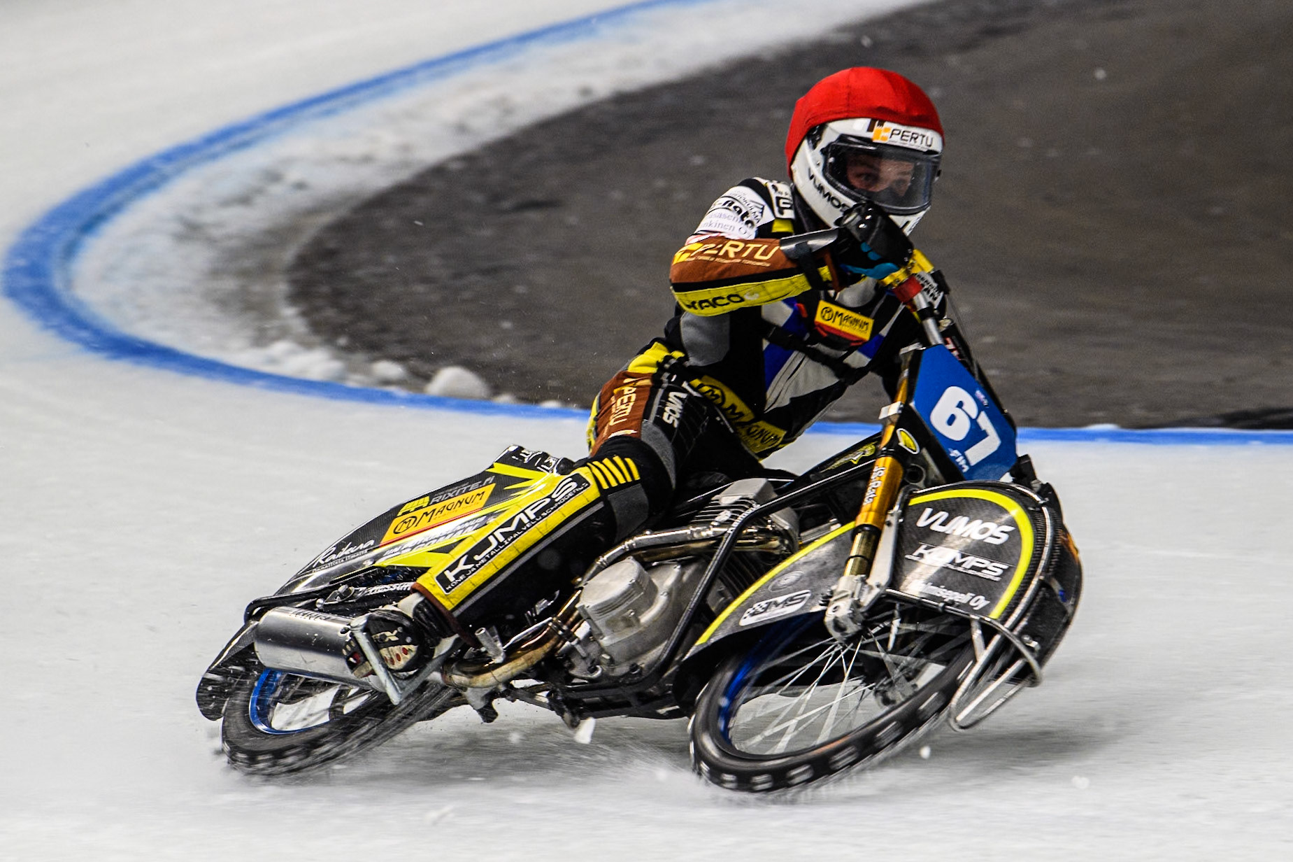 Heikki Huusko (67) of Finland in action during the Ice Speedway Gladiators World Championship Final 1 at Max-Aicher-Arena, Inzell on Saturday 15th March 2025. (Photo: Ian Charles | MI News)