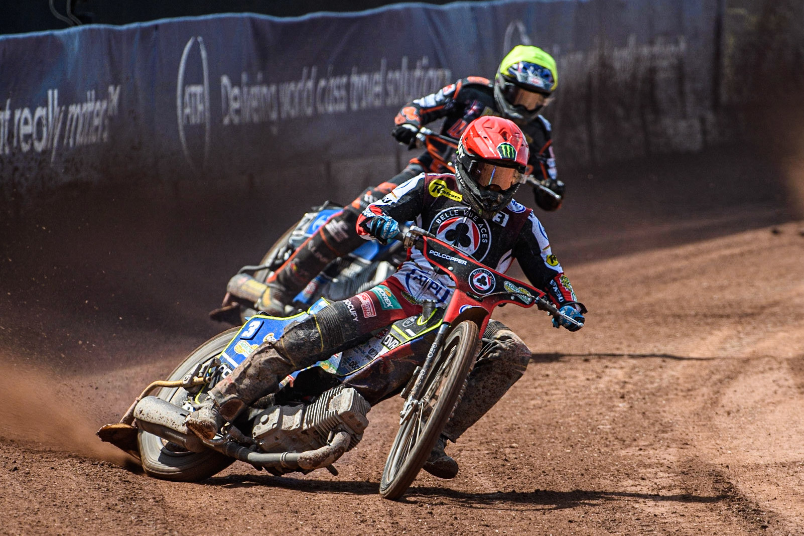 Jaimon Lidsey (Red) leads Steve Worrall (Yellow) during the Sports Insure Premiership match between Belle Vue Aces and Wolverhampton Wolves at the National Speedway Stadium, Manchester on Monday 29th May 2023. (Photo: Ian Charles | MI News)
