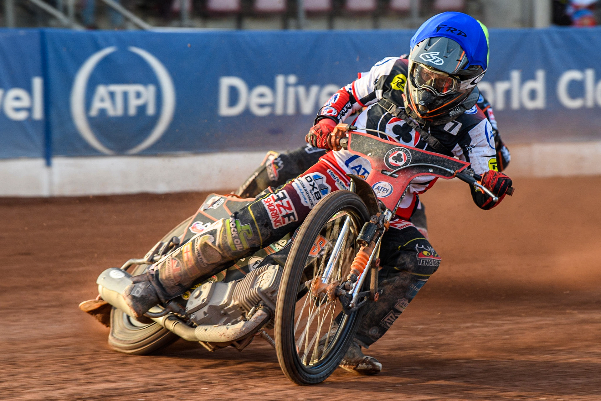Jack Smith (Blue) leads Leon Flint (Yellow) during the Sports Insure Premiership match between Belle Vue Aces and Wolverhampton Wolves at the National Speedway Stadium, Manchester on Monday 3rd July 2023. (Photo: Ian Charles | MI News)