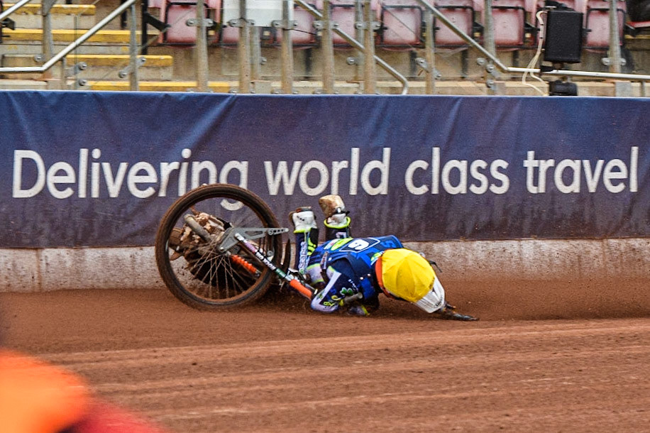 Luke Killeen  comes to grief during the National Development League match between Belle Vue Colts and Oxford Chargers at the National Speedway Stadium, Manchester on Friday 12th May 2023. (Photo: Ian Charles | MI News)