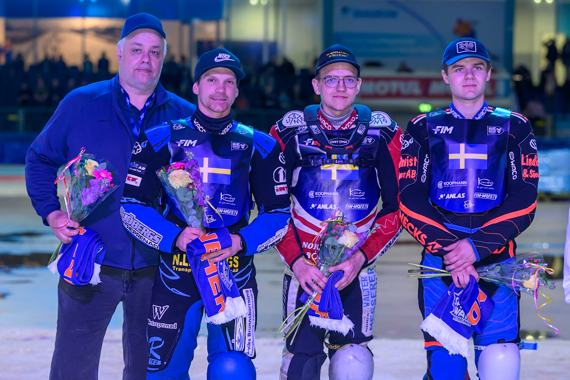 Sweden: (L to R) Peter Jansson, Team Manager of Sweden, Niclas Svensson, Melwin Björklin during the FIM Ice Speedway Of Nations at Ice Rink Thialf, Heerenveen on Sunday 12th April 2026. (Photo: Ian Charles | MI News)