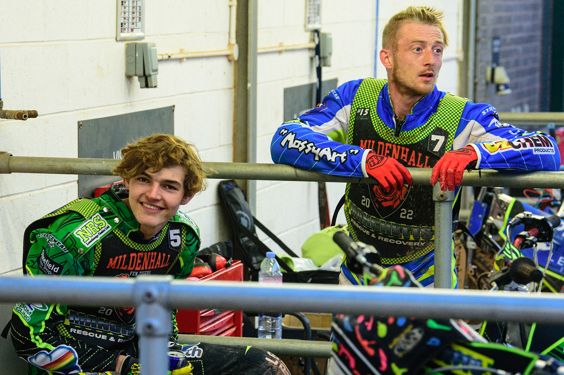 Sam Bebee  (left) and Luke Muff  during the National Development League match between Belle Vue Colts and Mildenhall Fens Tigers at the National Speedway Stadium, Manchester on Friday 15th July 2022. (Credit: Ian Charles | MI News)