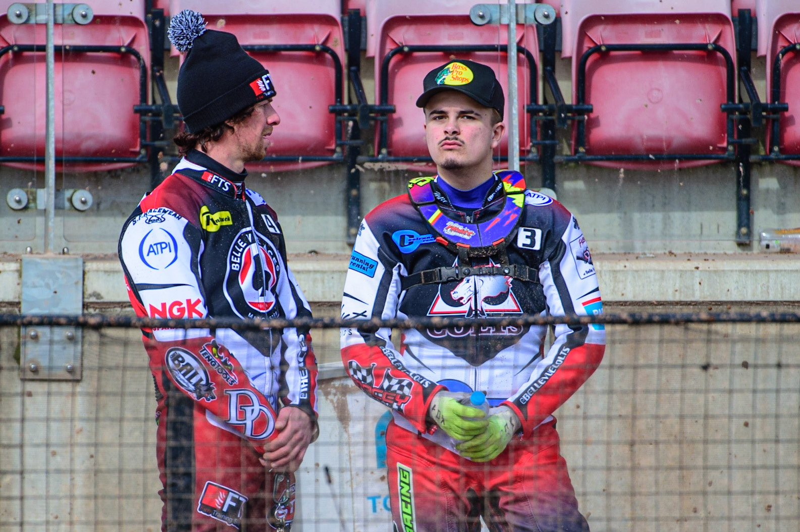 MANCHESTER, UK. MAR 14TH Charles Wright (left) chats with Nathan Ablitt during the Belle Vue Speedway Media Day at the National Speedway Stadium, Manchester on Monday 14th March 2022. (Credit: Ian Charles | MI News)