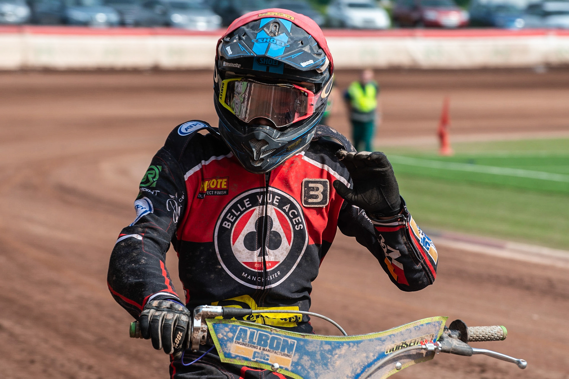 Photo by Ian Charles:

Dan Bewley  celebrates

Belle Vue Aces v Wolverhampton Wolves, National Speedway Stadium, Manchester, Monday, 22, April, 2019