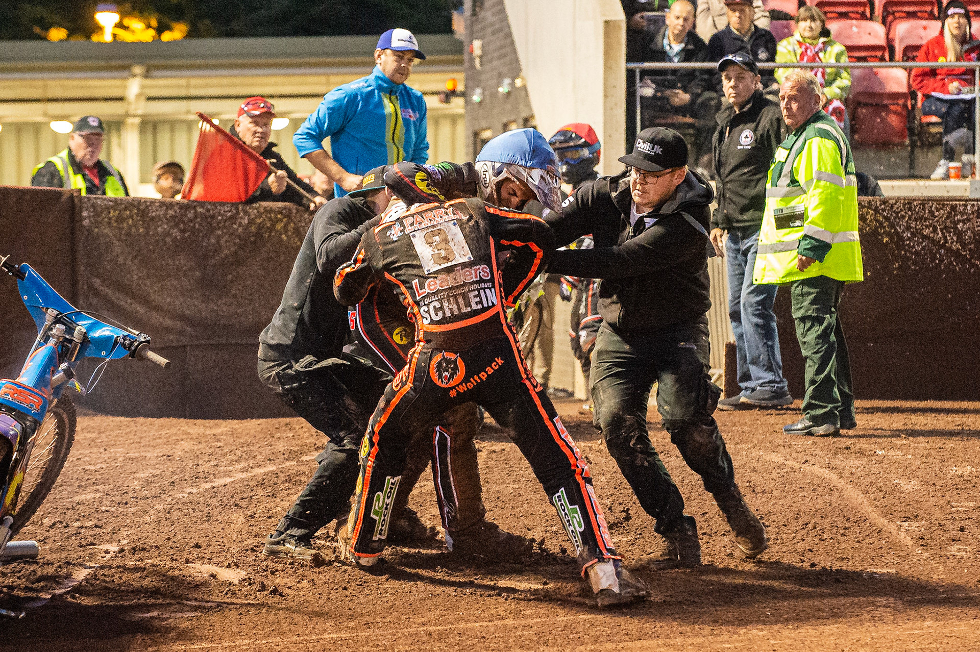 Photo by Ian Charles:

A scuffle breaks out between Rory Schlein  and Steve Worrall  after heat 10 

Belle Vue Aces v Wolverhampton Wolves, SGB Premiership, National Speedway Stadium, Manchester, Monday, 19, August, 2019