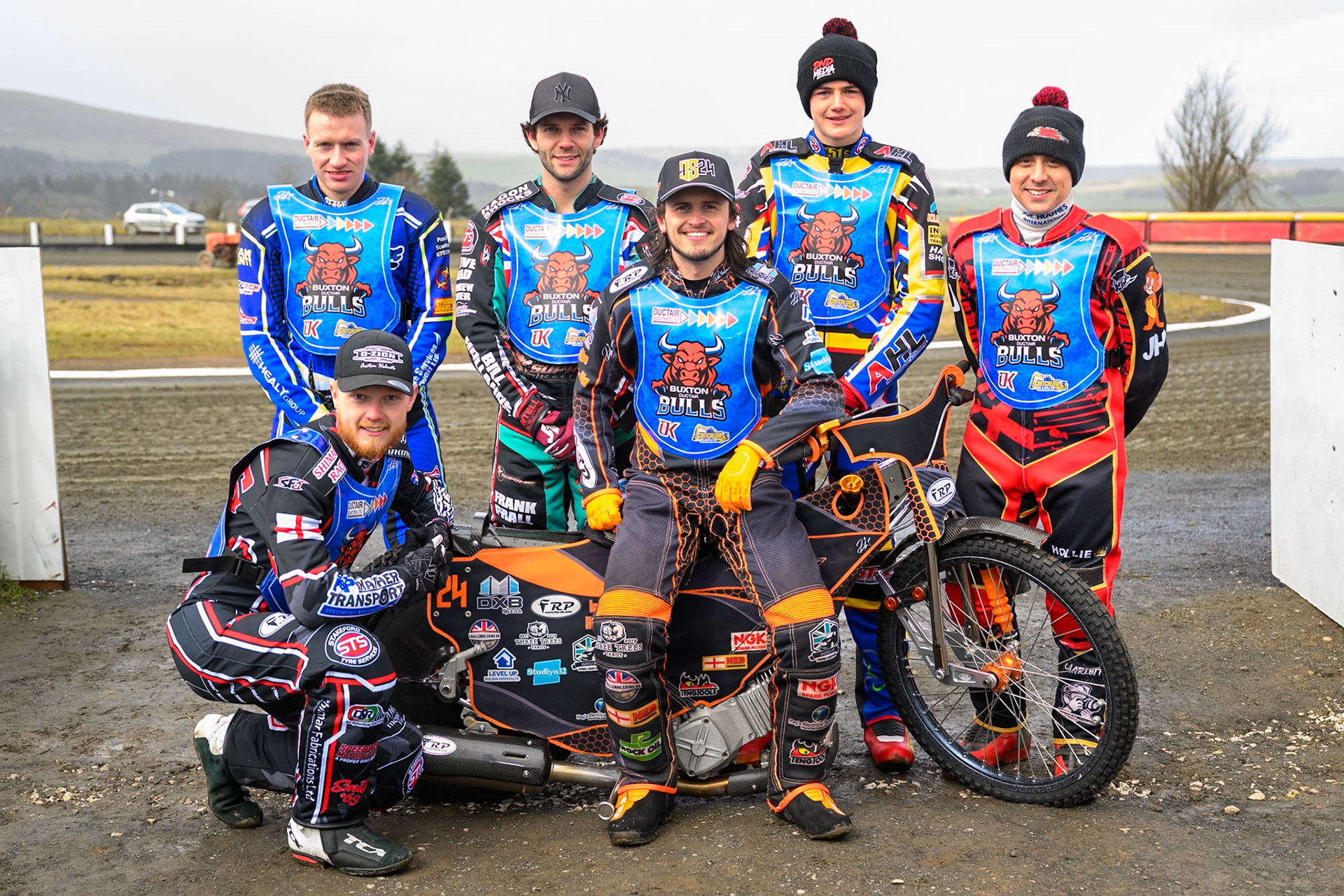 Buxton Bulls: (l-r) Arran Butcher, Alfie Bowtell, Jack Smith, Jamie Etherington, Luke Harris Kneeling: Jack Shimelt during Buxton Bulls Press and Practice at Hi-Edge Speedway, Buxton on Monday 30th March 2026. (Photo: Ian Charles | MI News)