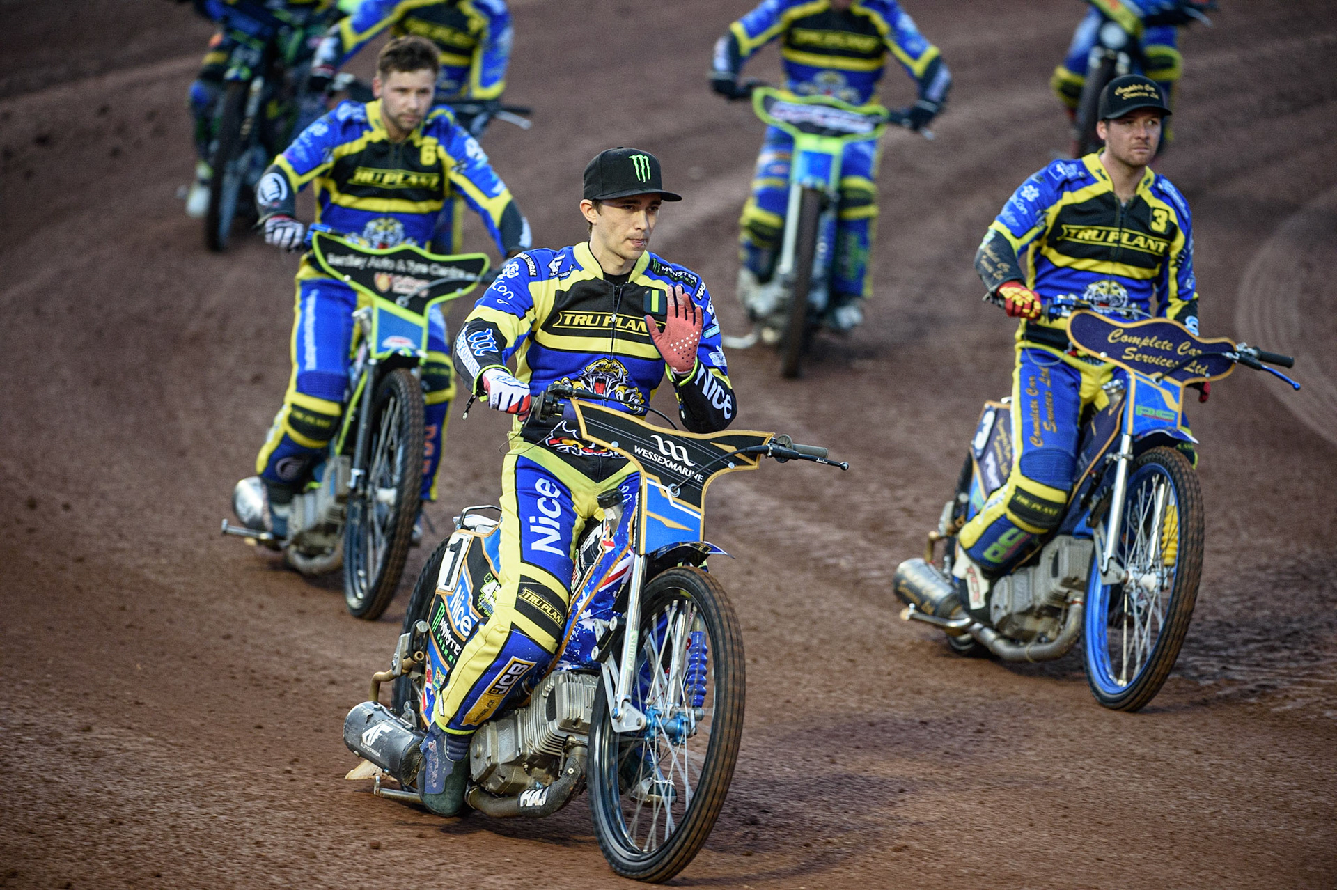 MANCHESTER, UK. SEPT 6TH  Jack Holder  leads the Sheffield TruPlant Tigers  on their pre meeting parade during the SGB Premiership match between Belle Vue Aces and Sheffield Tigers at the National Speedway Stadium, Manchester on Monday 6th September 2021. (Credit: Ian Charles | MI News)