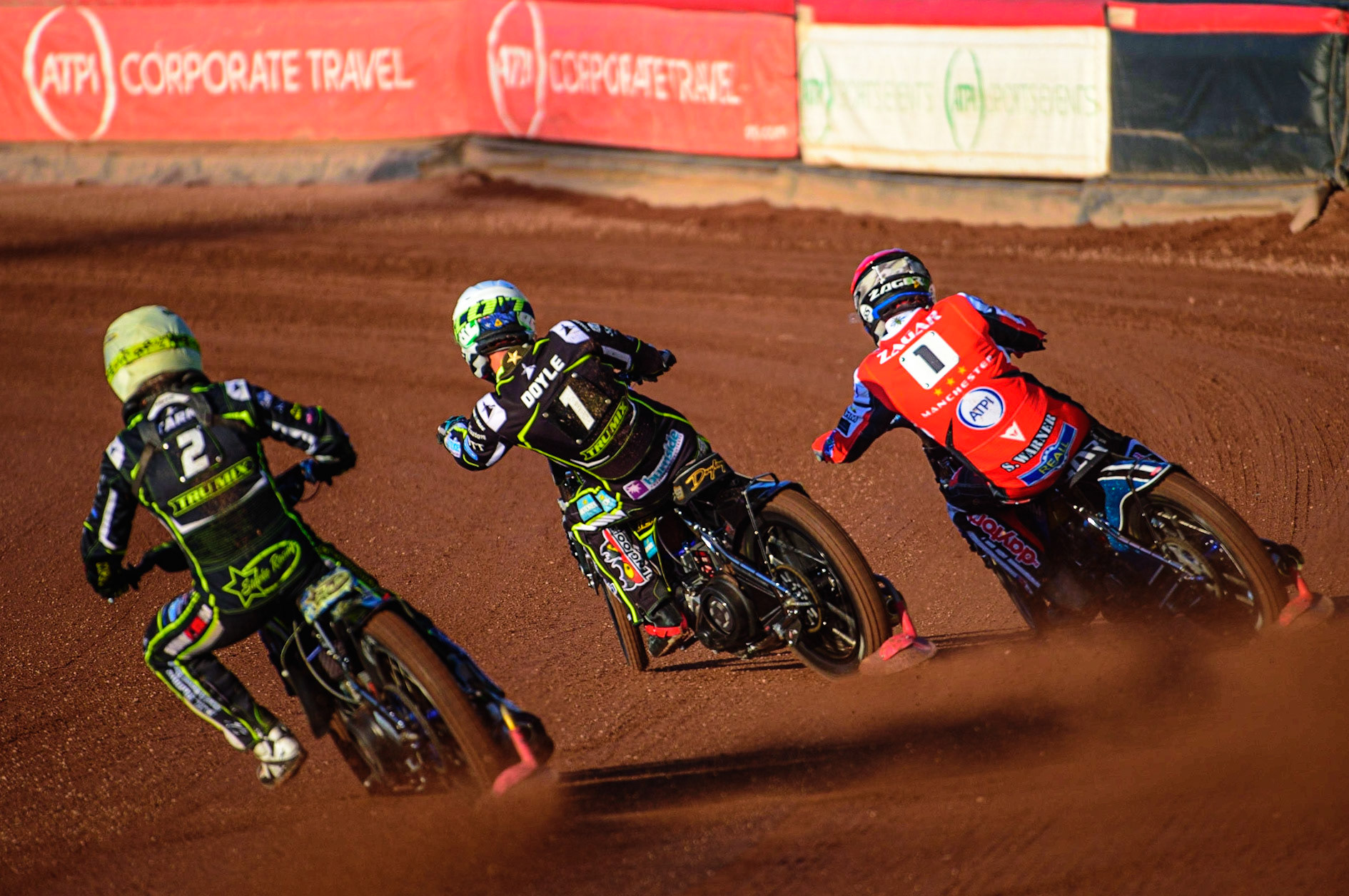 Paul Starke  (Yellow) chases Jason Doyle  (White) and Matej Zagar  (Red) during the SGB Premiership match between Belle Vue Aces and Ipswich Witches at the National Speedway Stadium, Manchester on Monday 8th August 2022. (Credit: Ian Charles | MI News)