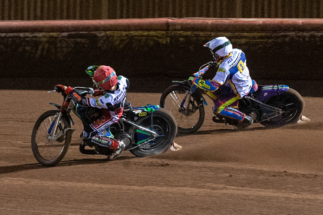 Photo: Ian CharlesDan Bewley of Belle Vue 'BikeRight' Aces  (Red) tries to pass Rory Schlein of the 'ATPI' All StarsBelle Vue ‘Bikerite ’Aces v ‘ATPI’ All Stars, Premiership Challenge, National Speedway Stadium, Manchester Thursday  24  September  2020