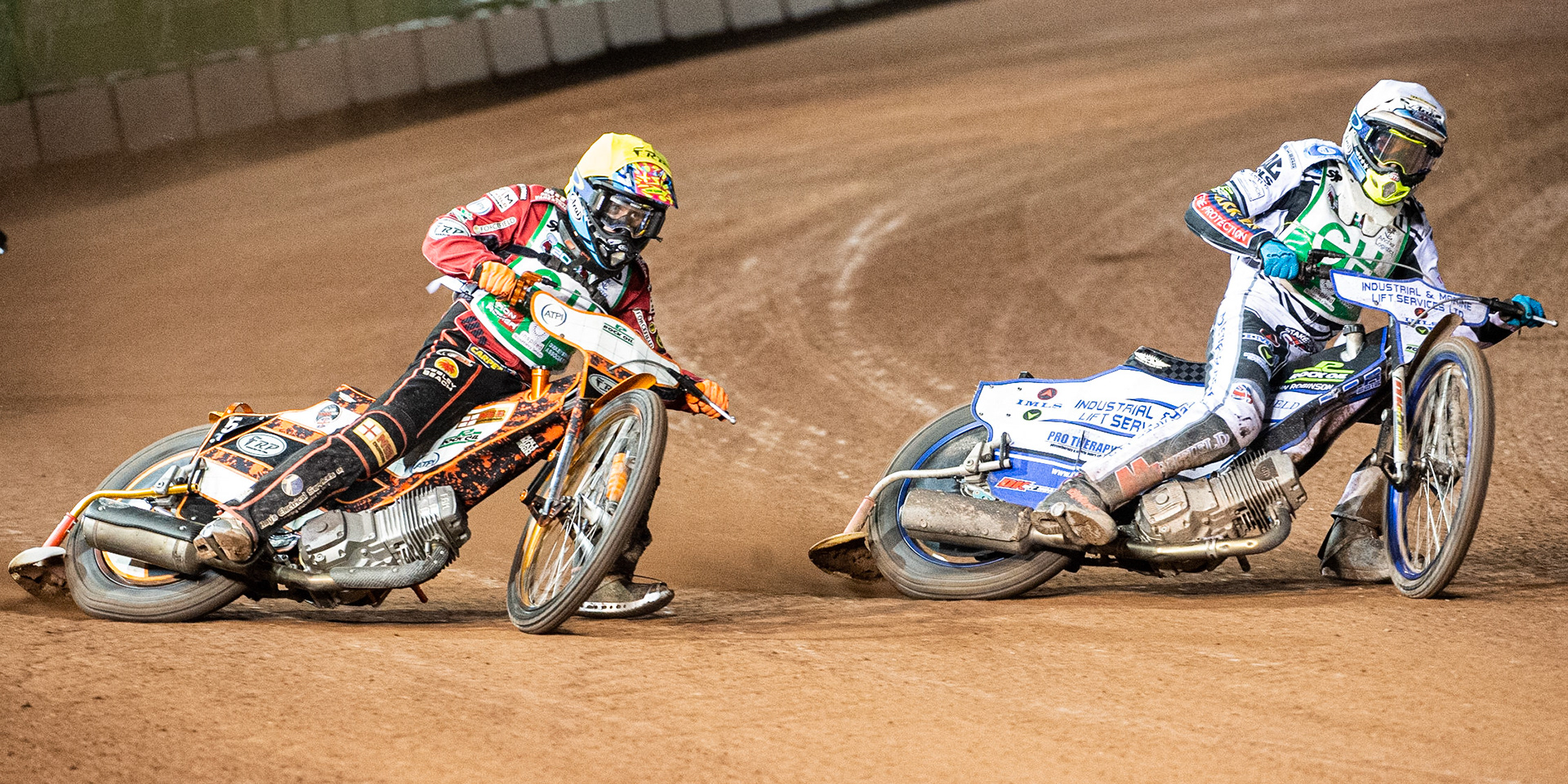 Photo: Ian Charles

Max Clegg  (White) inside Jack Smith  (Yellow)

Belle Vue Colts v Cradley Heathens, SGB National League, Belle Vue National Speedway Stadium, Manchester, Thursday 29  August  2019