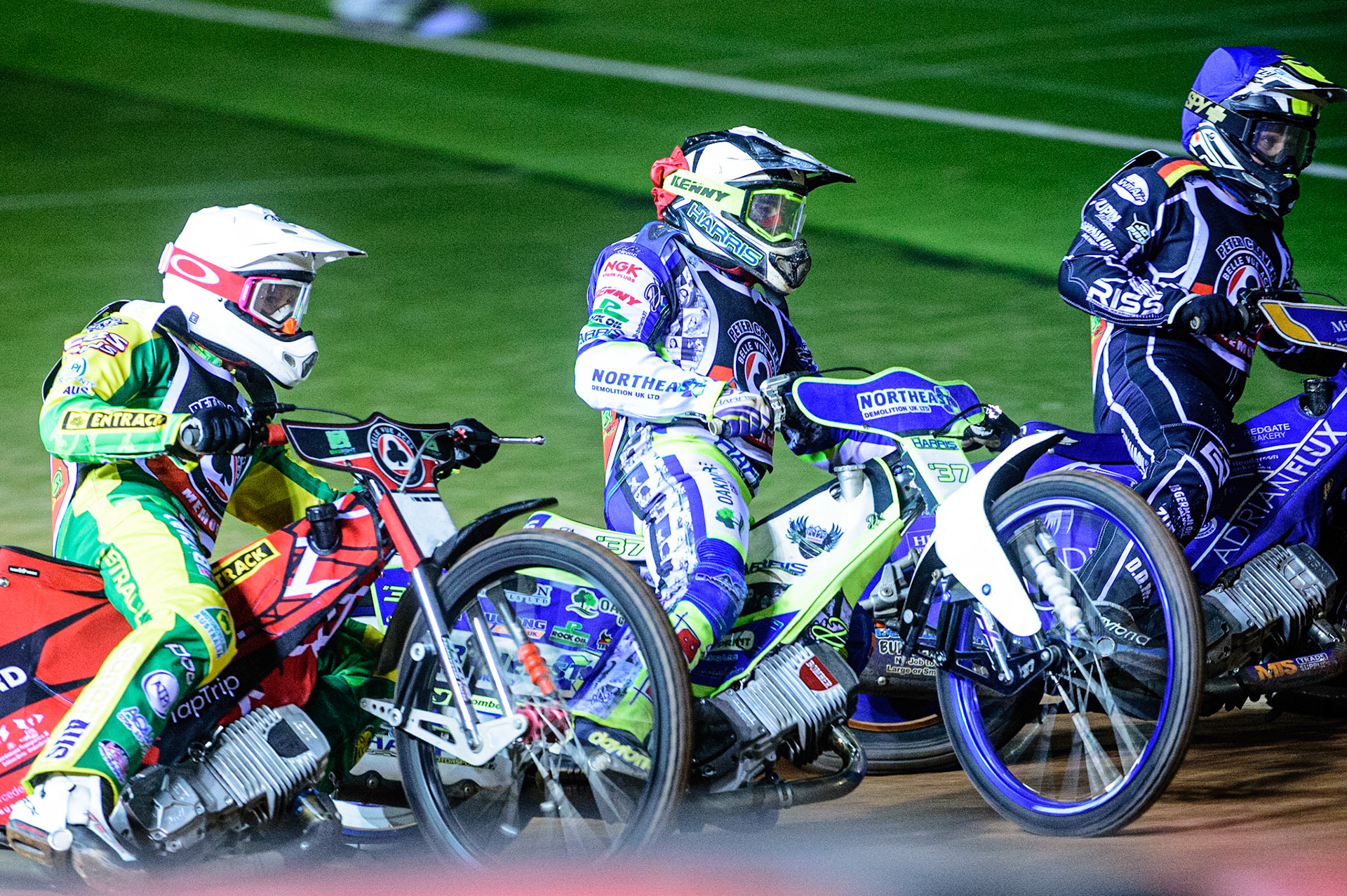 MANCHESTER, UK. OCT 23RD  Max Fricke  (White) outside Chris Harris  (Red) and Erik Riss  (Blue) during the Peter Craven Memorial Trophy event at the National Speedway Stadium, Manchester on Saturday 23rd October 2021. (Credit: Ian Charles | MI News)