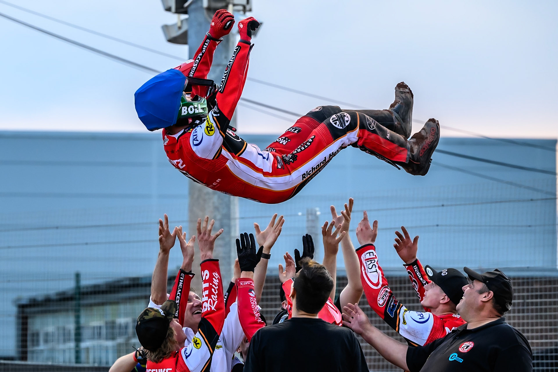 Belle Vue Aces' Brady Kurtz  gets the bumps for scoring maximum points during the Rowe Motor Oil Premiership match between Belle Vue Aces and Ipswich Witches at the National Speedway Stadium, Manchester on Monday 30th June 2025. (Photo: Ian Charles | MI News)
