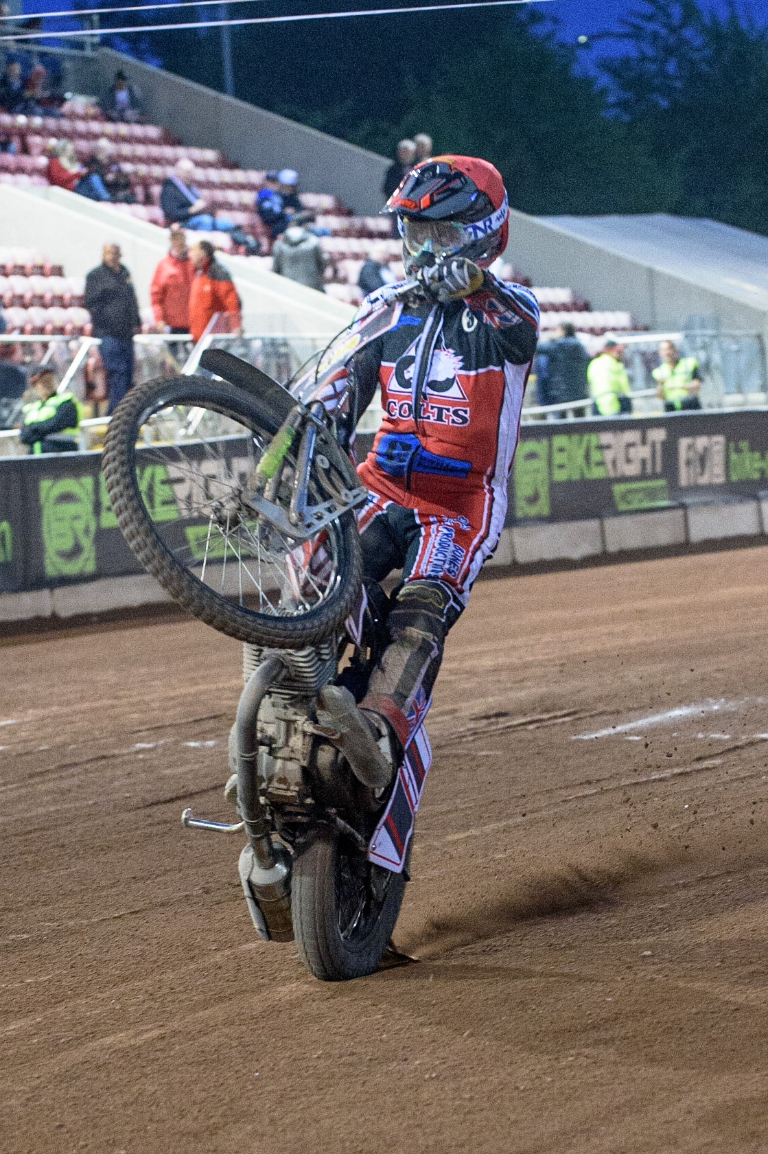 MANCHESTER, UK. JULY 29TH  Jack Parkinson-Blackburn  wheelies  during the National Development League match between Belle Vue Colts and Leicester Lion Cubs at the National Speedway Stadium, Manchester on Thursday 29th July 2021. (Credit: Ian Charles | MI News)