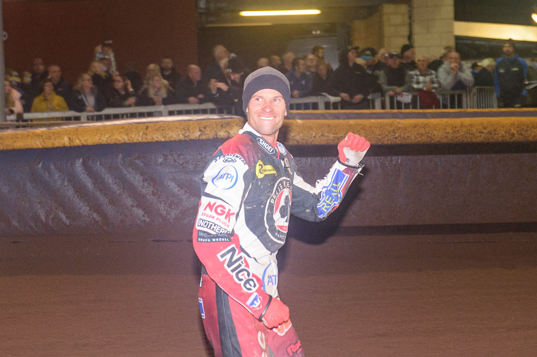 Matej Zagar  starts the celebrations during the SGB Premiership Grand Final 2nd Leg between Sheffield Tigers and Belle Vue Aces at Owlerton Stadium, Sheffield on Thursday 13th October 2022. (Credit: Ian Charles | MI News)