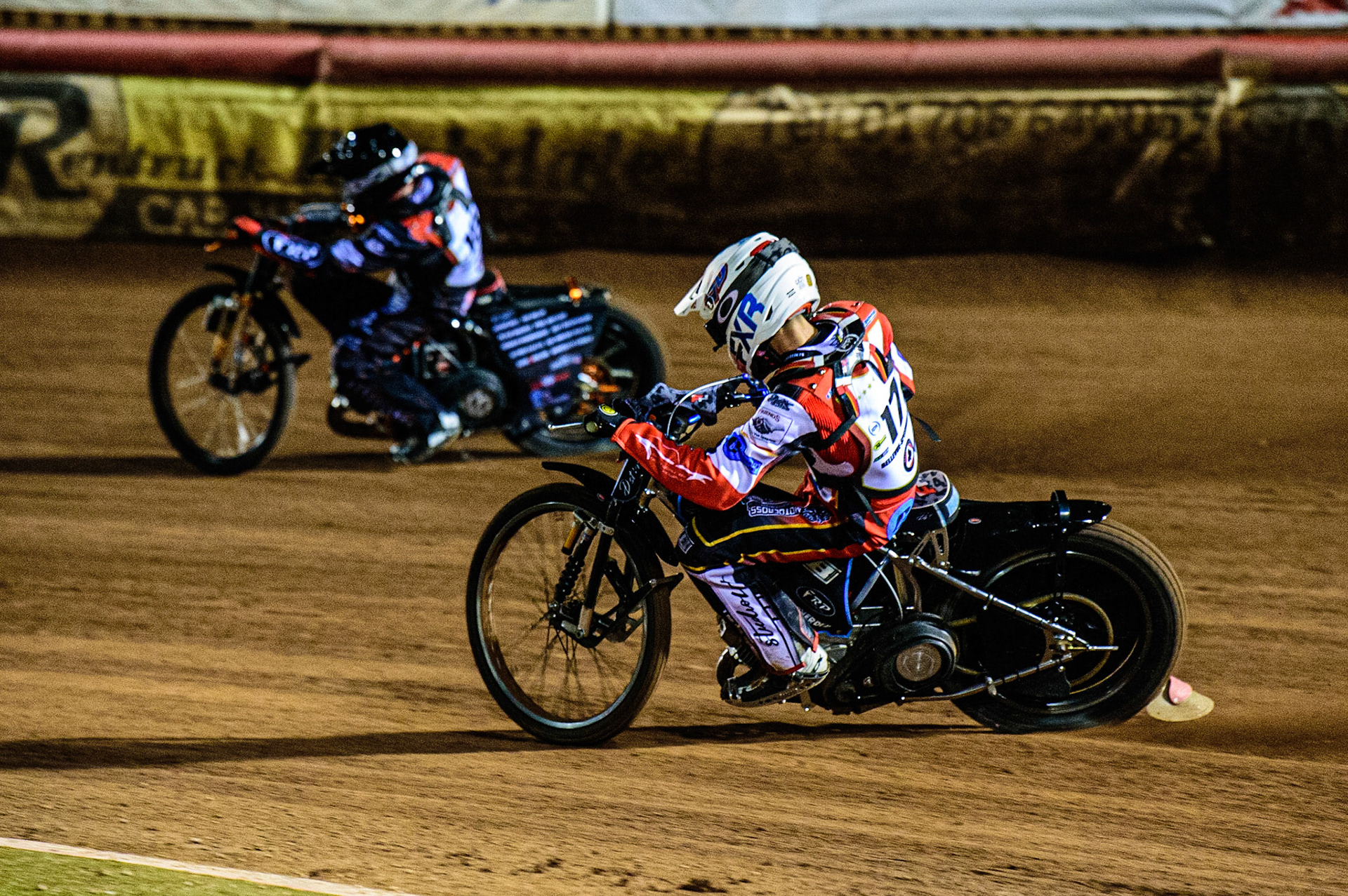 Freddy Hodder   (White) chases Jack Smith  (Blue) during the Peter Craven Memorial Trophy  at the National Speedway Stadium, Manchester on Monday 3rd April 2023. (Photo: Ian Charles | MI News)