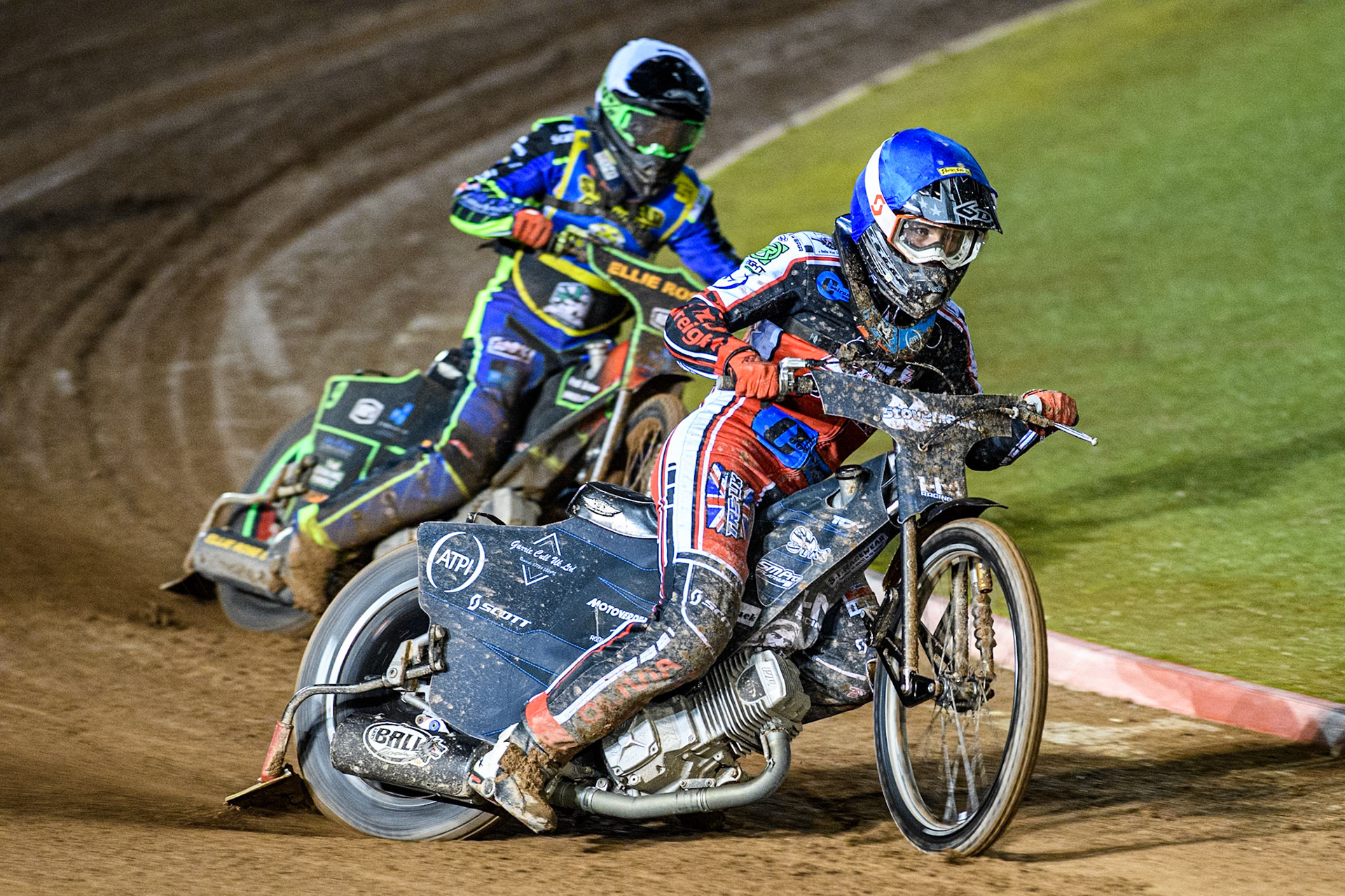 Belle Vue Colts' Harry McGurk in Blue leading Sheffield Cubs' Luke Harrison in White during the WSRA National Development League match between Belle Vue Colts and Sheffield Tiger Cubs at the National Speedway Stadium, Manchester on Monday 7th October 2024. (Photo: Ian Charles | MI News)