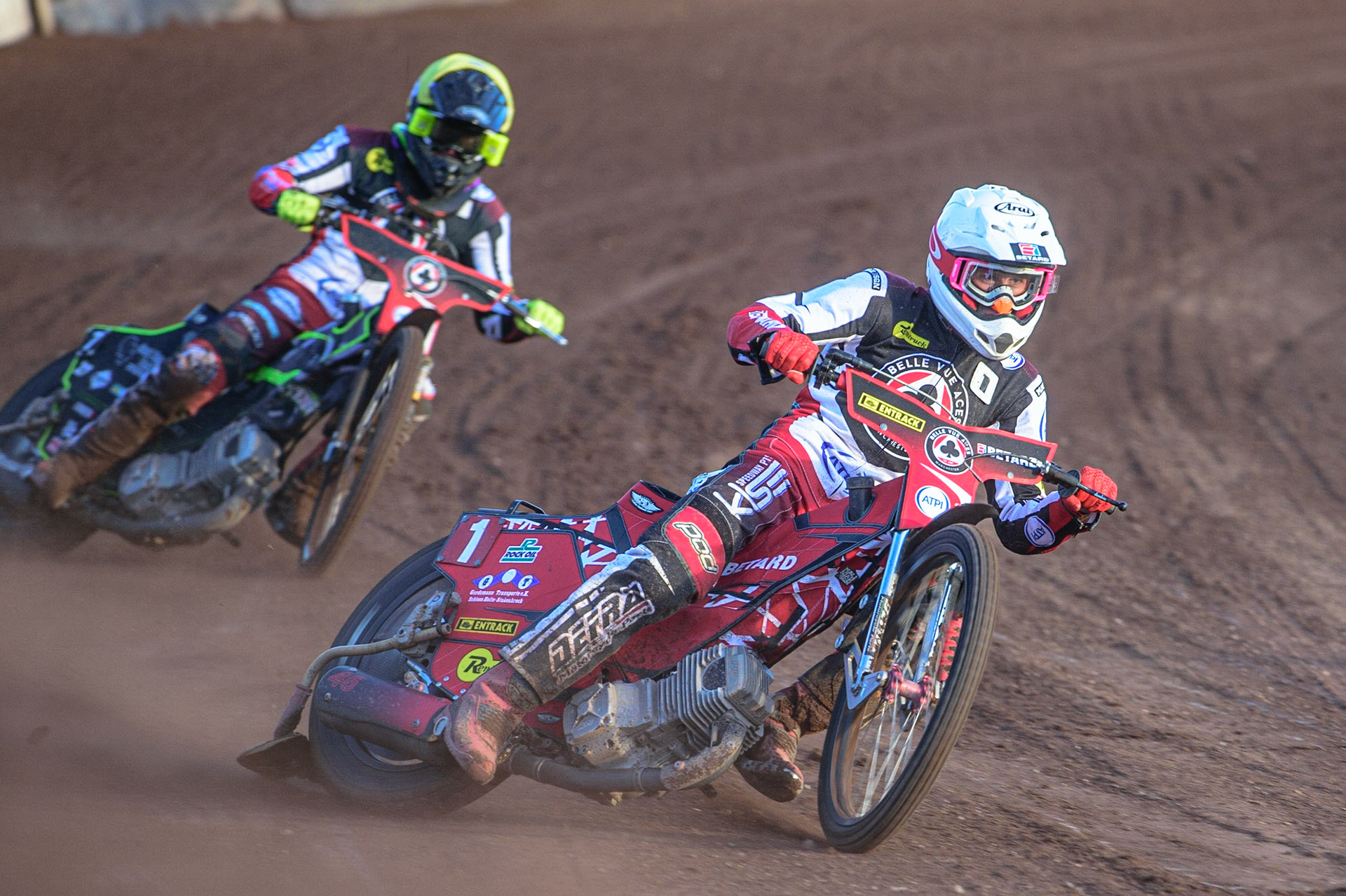 SHEFFIELD, UK. MAY 26TH  Max Fricke  (White) leads Norick Blödorn  (Yellow) during the SGB Premiership match between Sheffield Tigers and Belle Vue Aces at Owlerton Stadium, Sheffield on Thursday 26th May 2022. (Credit: Ian Charles | MI News)