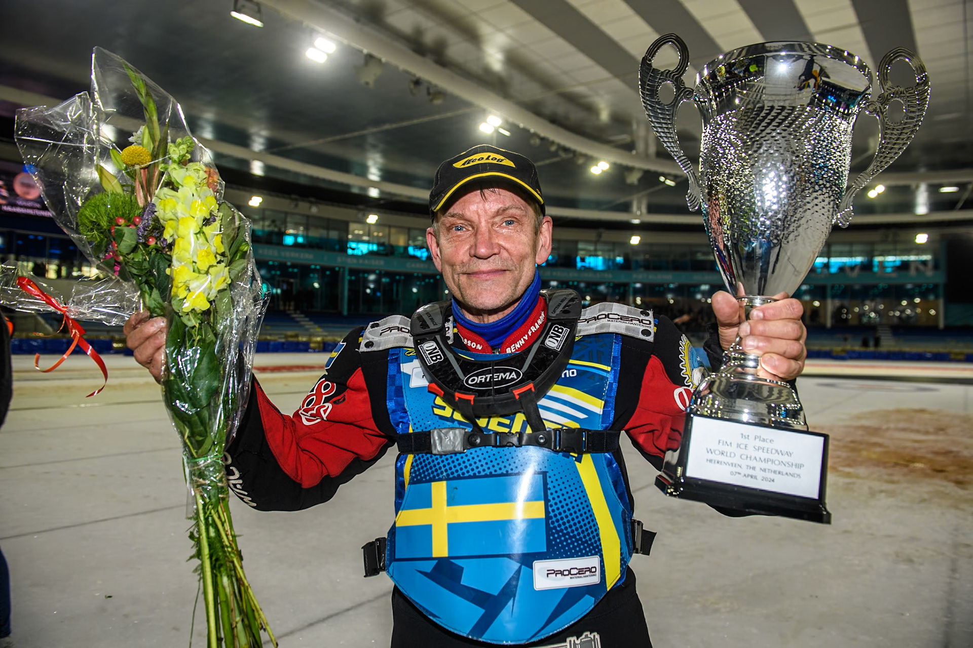 Sweden's Stefan Svensson with his winners trophy from Final 4 during the FIM Ice Speedway Gladiators World Championship Final 4 at Ice Rink Thialf, Heerenveen on Sunday 7th April 2024. (Photo: Ian Charles | MI News)