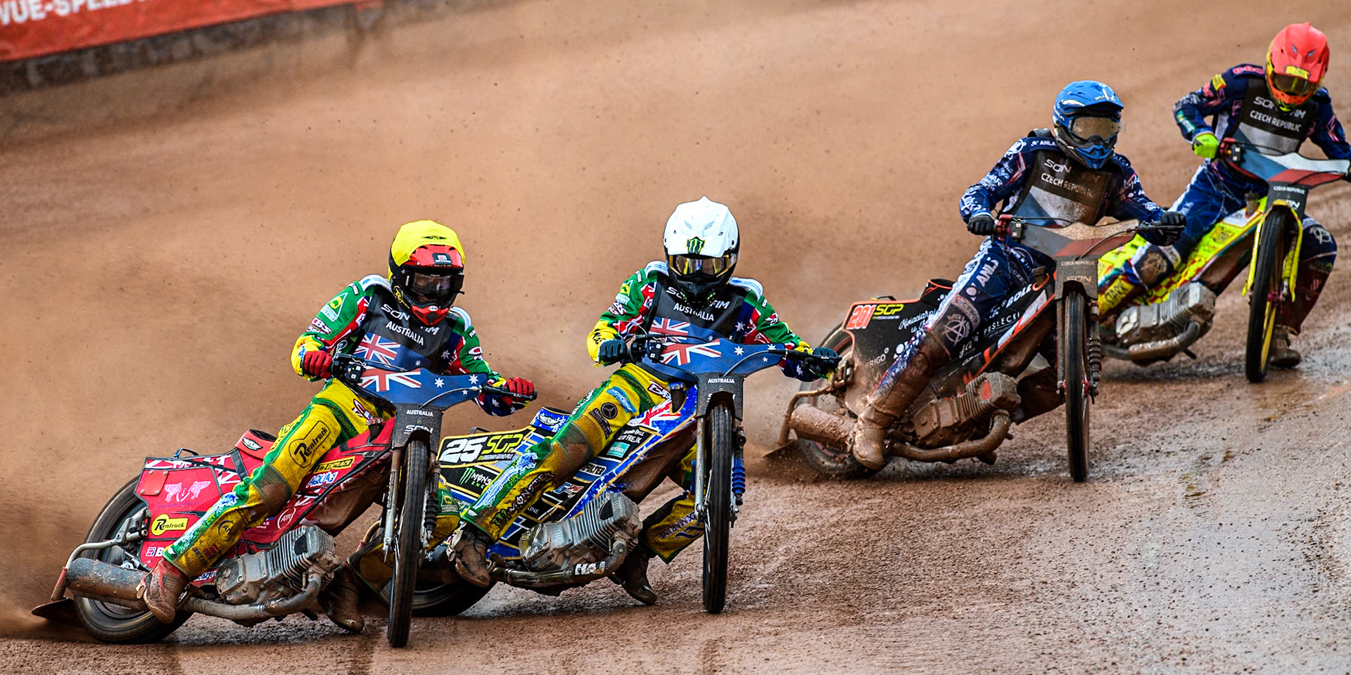 Australia v Czech Republic : Max Fricke of Australia in Yellow and  Jack Holder of Australia in White leading Jan Kvech of The Czech Republic in Blue and Vaclav Milik of The Czech Republic in Red during the Monster Energy FIM Speedway of Nation Semi Final 2 at the National Speedway Stadium, Manchester on Wednesday 10th July 2024. (Photo: Ian Charles | MI News)