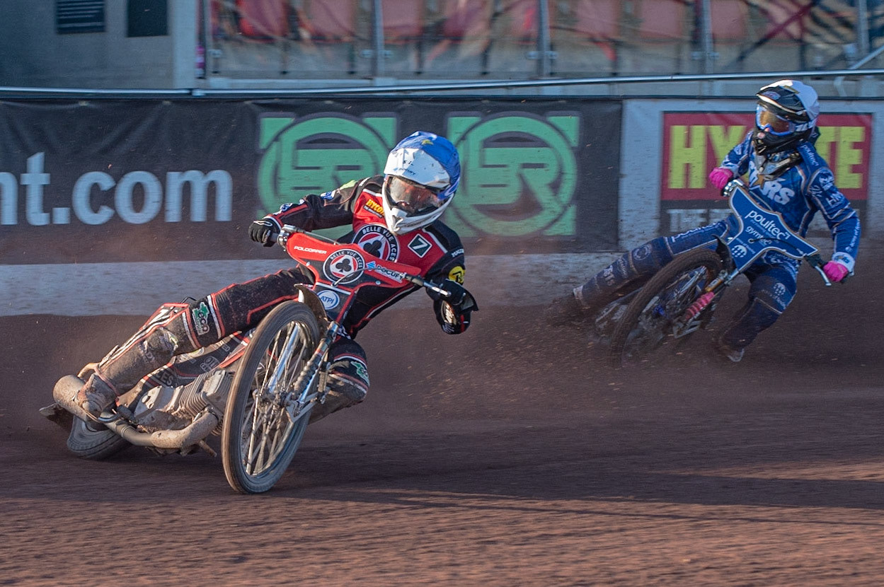 Photo: Ian Charles

​Jaimon Lidsey​  (Blue) leads Thomas Jorgensen  (White)

Belle Vue Aces v Kings Lynn Stars, British Speedway Premiership, Belle Vue National Speedway Stadium, Manchester, Thursday 16  May  2019
