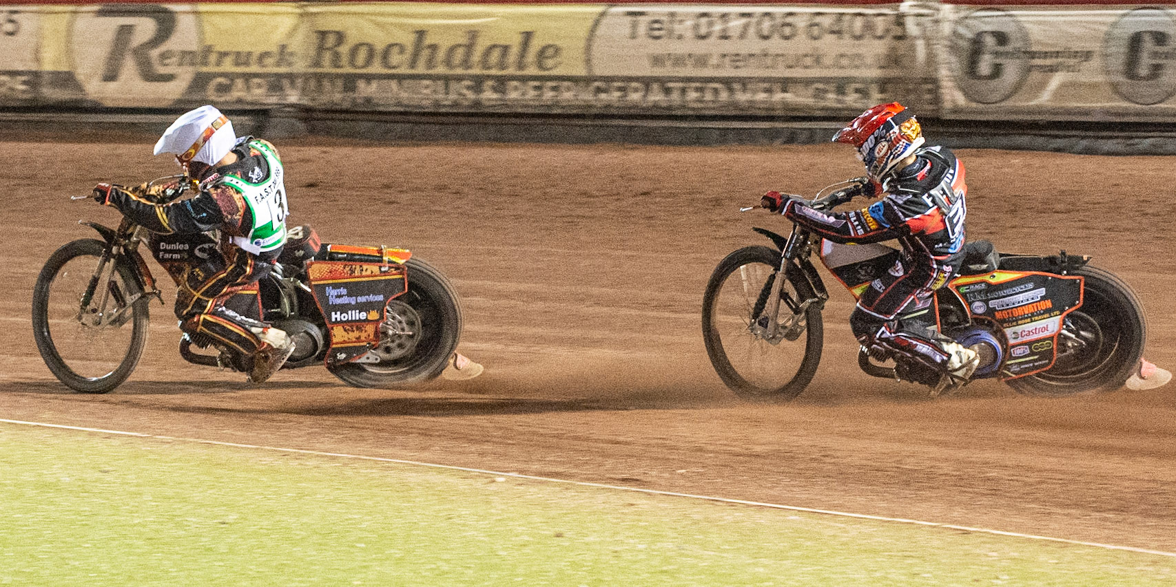 Photo: Ian Charles

Luke Harris (White) leads Jordan Palin (Red)

Belle Vue Colts v Cradley Heathens, SGB National League, Belle Vue National Speedway Stadium, Manchester, Thursday 29  August  2019