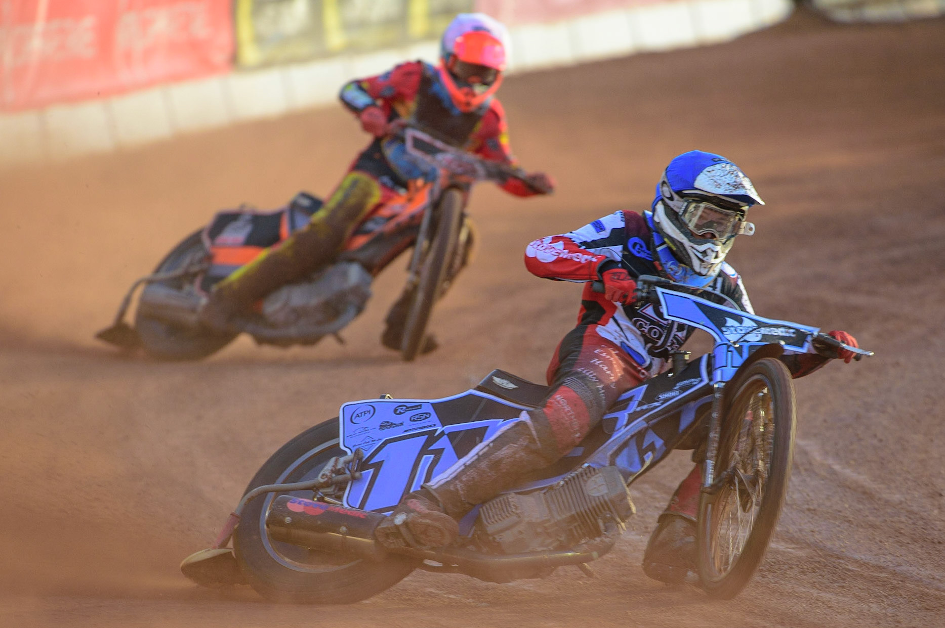 MANCHESTER, UK. MAY 27TH Sam McGurk  (Blue) leads Connor Coles (White) during the National Development League match between Belle Vue Colts and Armadale Devils at the National Speedway Stadium, Manchester on Friday 27th May 2022. (Credit: Ian Charles | MI News)