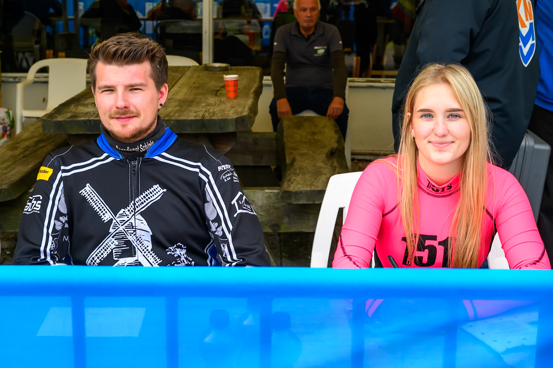 Reserve Rider Fabian Wachs of Germany (Left) and Reserve Rider Nynke Sijbesma (17) of The Netherlands during the autograph session during the FIM Long Track World Championship Final 4, at the Speed Centre Roden, Netherlands on Sunday 21st September 2025. (Photo: Ian Charles | MI News)
