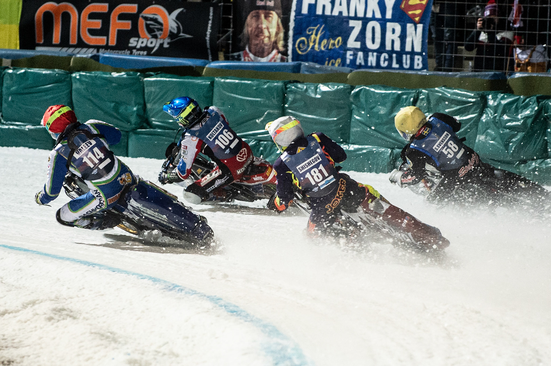 Photo: Ian Charles

(l-r) Dinar Valeev (114) Dmitri Koltakov (106) Andrei Shishegov (181) Stefan Svensson (58)

FIM Ice Speedway Gladiators World Championship, Final 3.1, Horst-Dohm Eisstadion, Berlin, Germany Saturday  2  March  2019