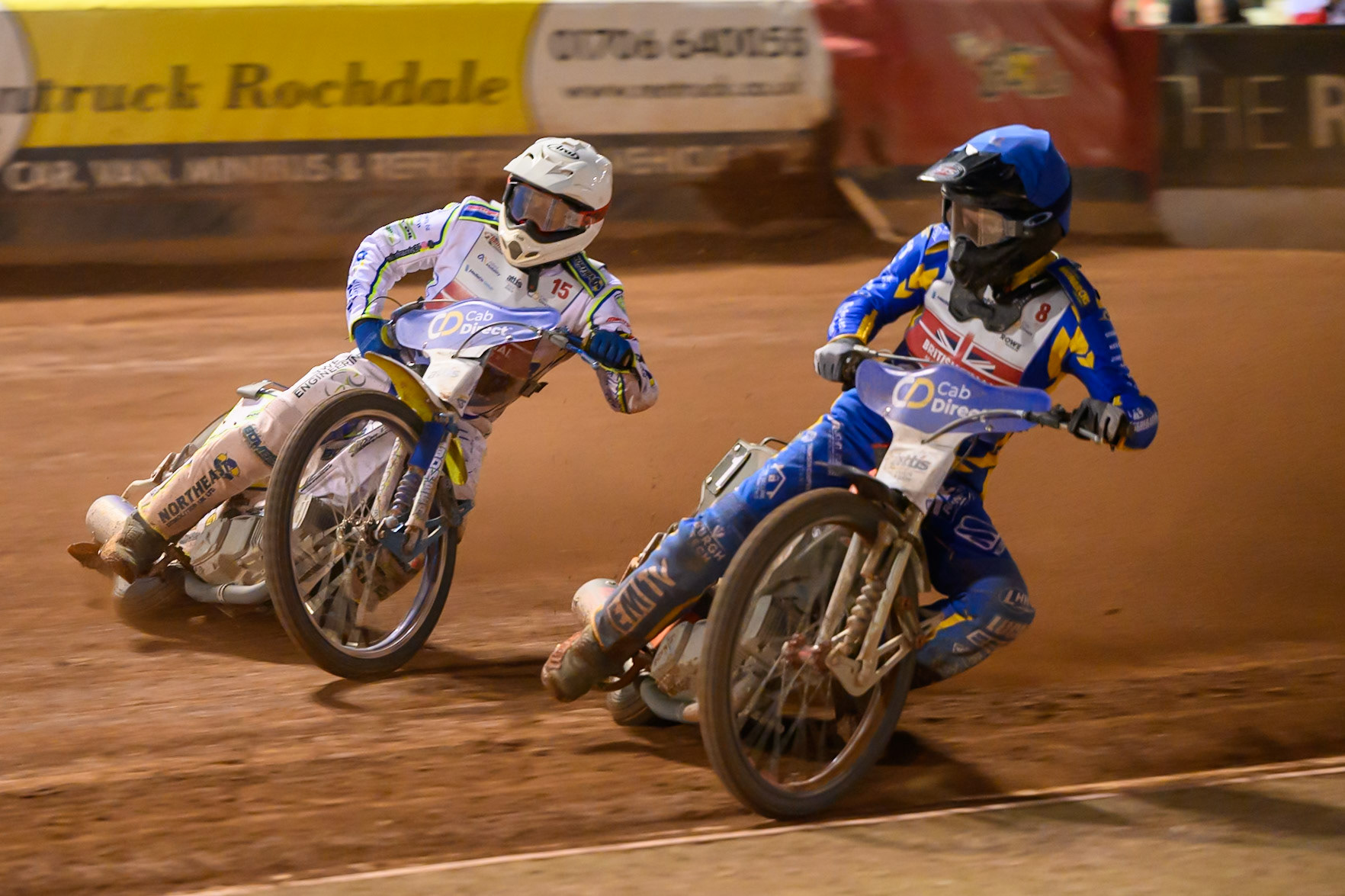 Dan Thompson (8) in Blue rides inside Chris Harris (15) in White during the Cab Direct British Speedway Championship Final at the National Speedway Stadium, Manchester on Saturday 15th August 2026. (Photo: Ian Charles | MI News)