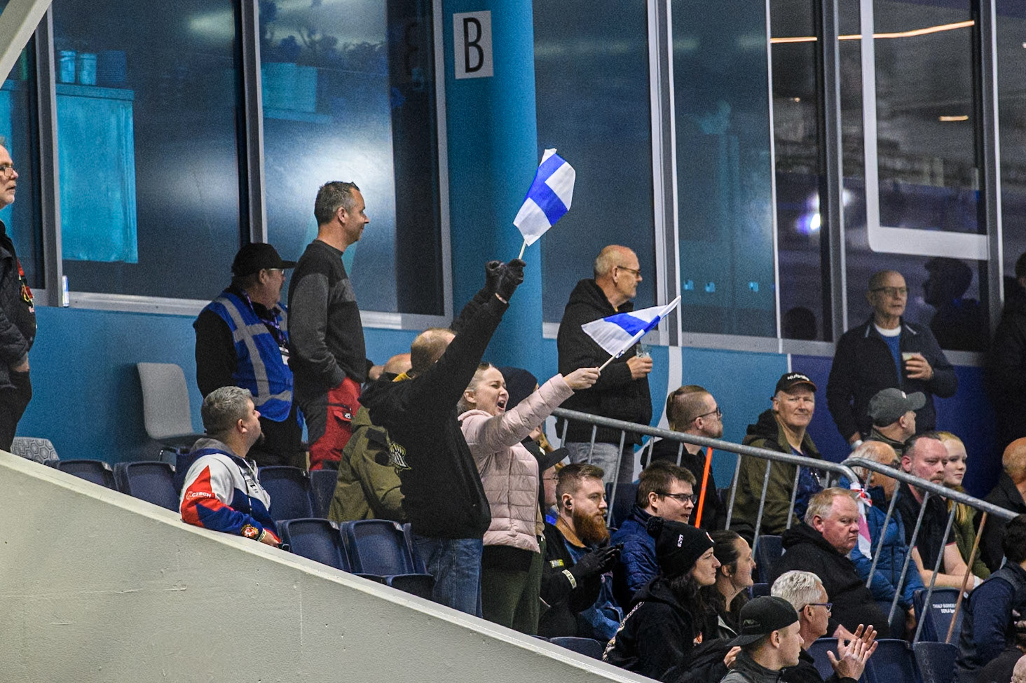 Finnish fans in the stand supporting their riders during the FIM Ice Speedway Gladiators World Championship, Final 3 at the Ice Stadium, Thialf, Heerenveen on Saturday 5th April 2025. (Photo: Ian Charles | MI News)