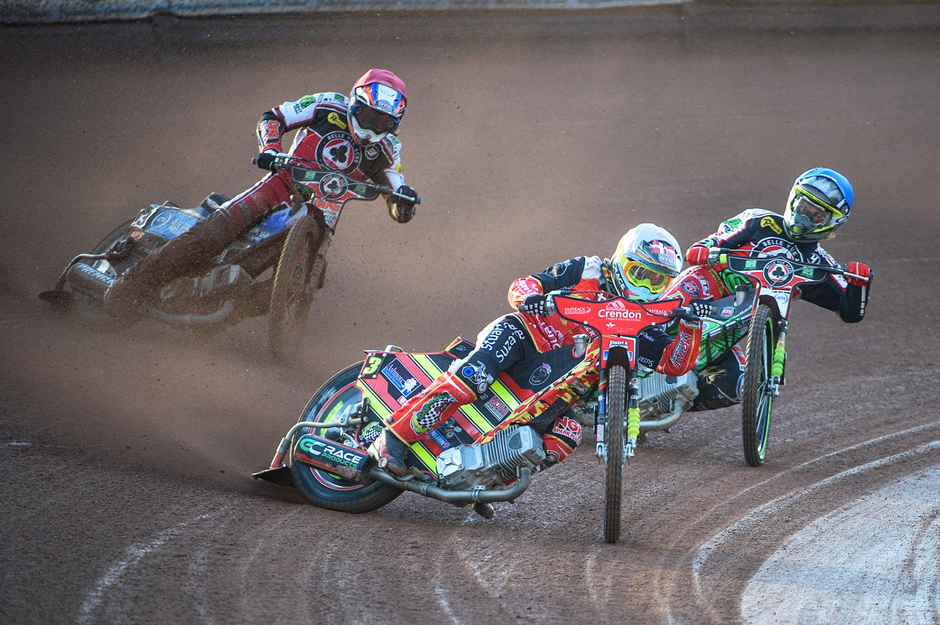 MANCHESTER, UK. AUG 9TH  Michael Palm Toft  (White) leads Steve Worrall  (Red) and Charles Wright  (Blue) during the SGB Premiership match between Belle Vue Aces and Peterborough at the National Speedway Stadium, Manchester on Monday 9th August 2021. (Credit: Ian Charles | MI News)