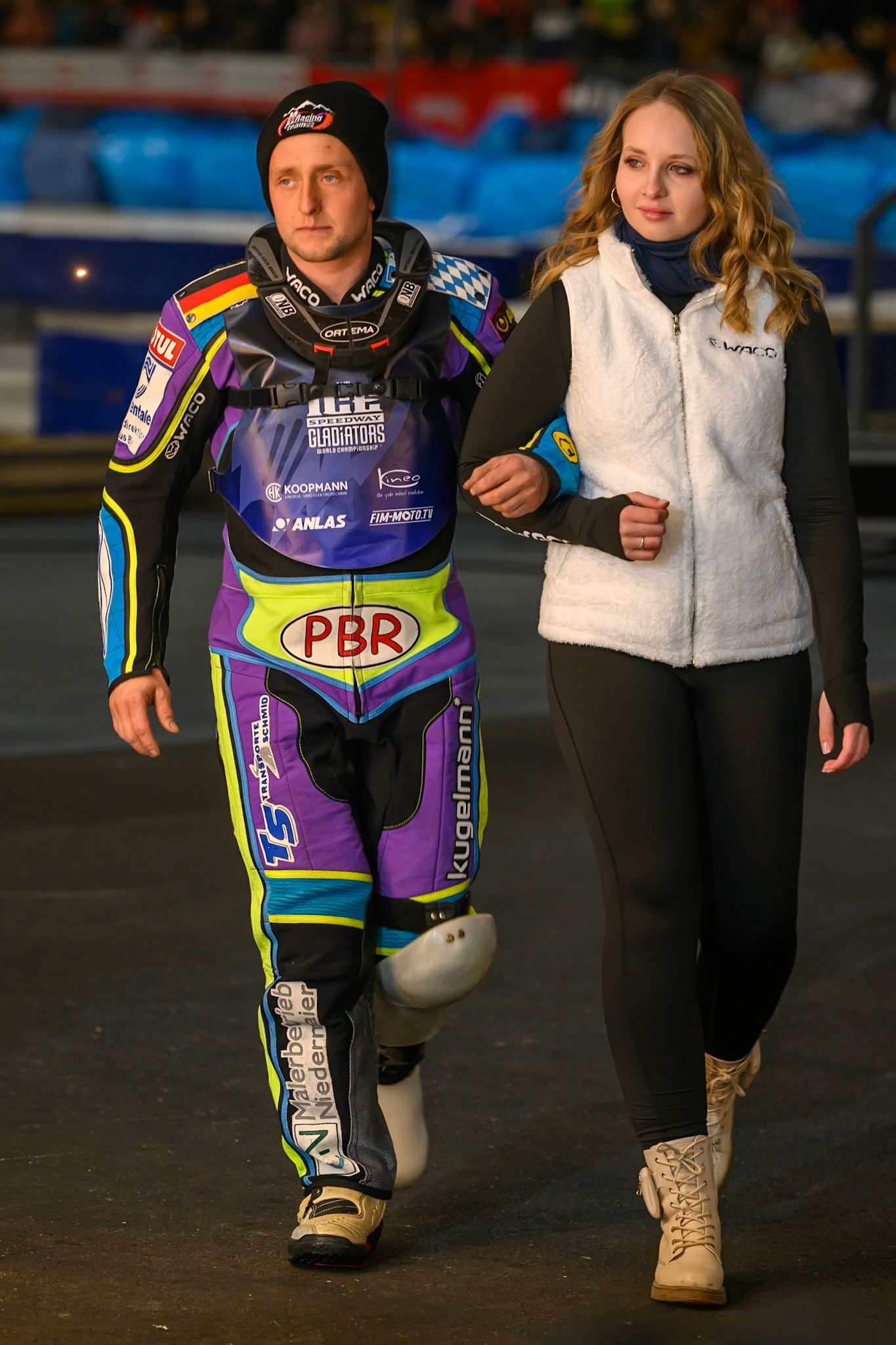 Wild Card Maximillian Niedermaier of Germany is accompanied by a start girl  during the Ice Speedway Gladiators World Championship Final 2 at Max-Aicher-Arena, Inzell on Sunday 15th March 2026. (Photo: Ian Charles | MI News)