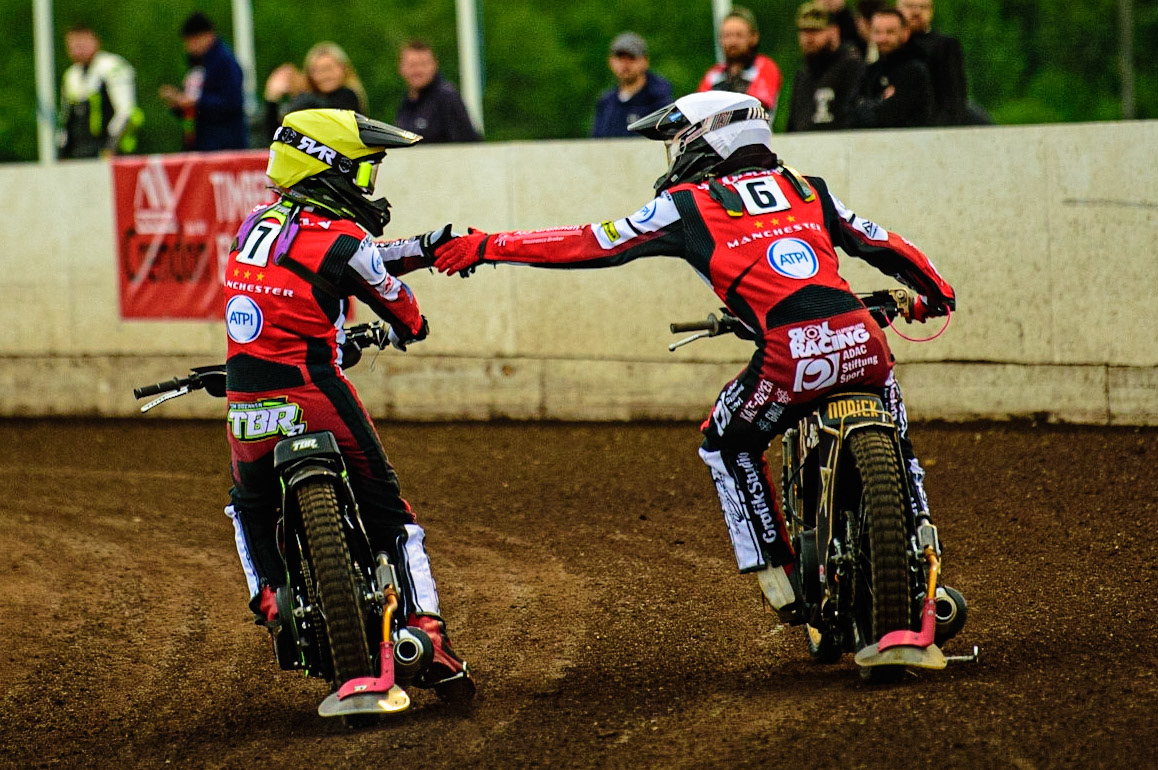 PETERBOROUGH, UK. MAY 9TH Tom Brennan  (Yellow) and Norick Blödorn  celebrate their win  during the SGB Premiership match between Peterborough Panthers and Belle Vue Aces at East of England Showground, Peterborough on Monday 9th May 2022. (Credit: Ian Charles | MI News)