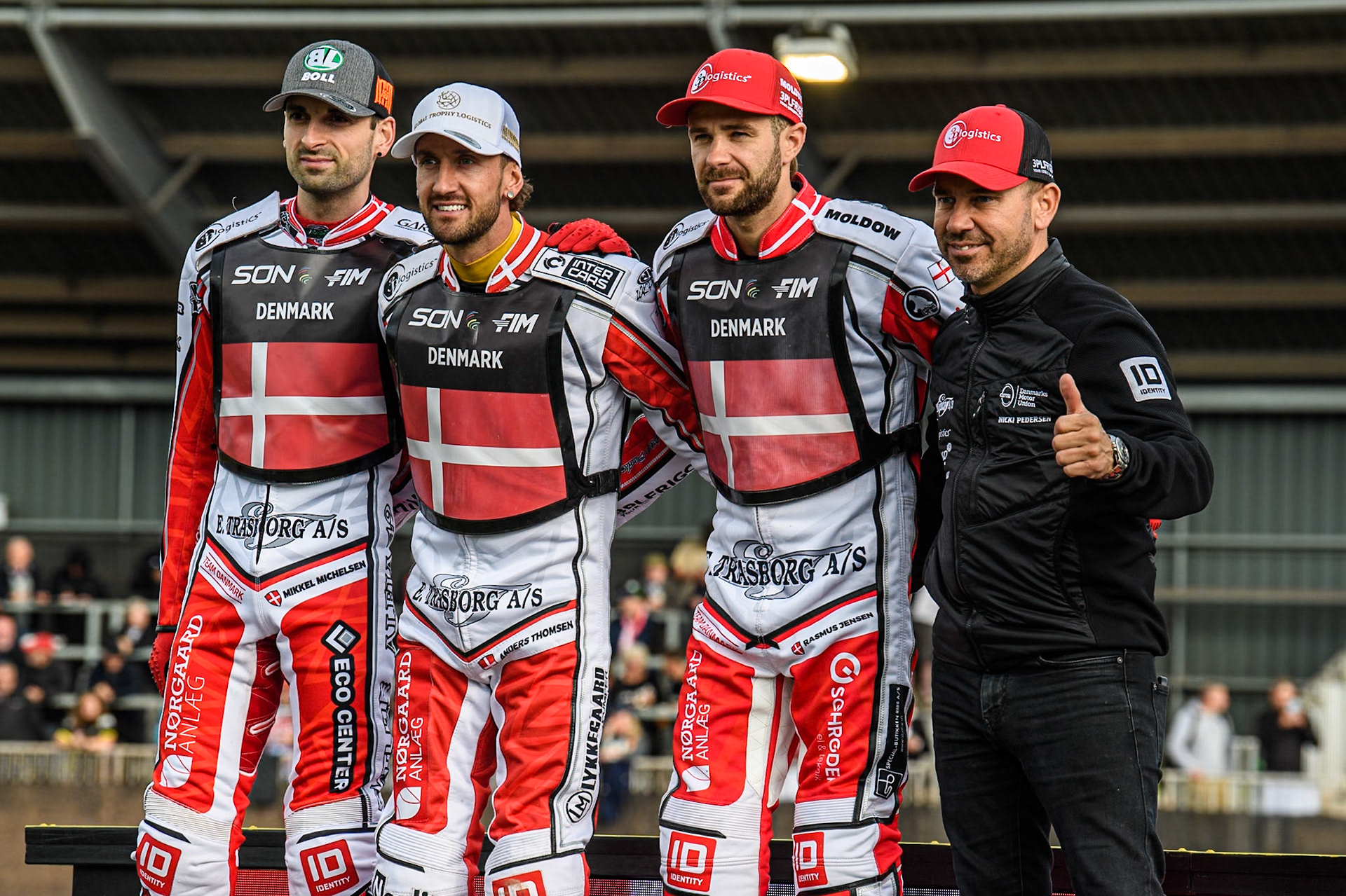 DENMARK: (L to R) Mikkel Michelsen, Anders Thomsen, Rasmus Jensen and Danish Team Manager, Nicki Pedersen during the Monster Energy FIM Speedway of Nation Final at the National Speedway Stadium, Manchester on Saturday 13th July 2024. (Photo: Ian Charles | MI News)