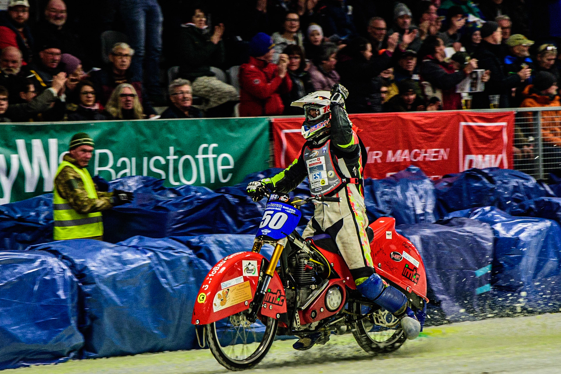 Harald Simon (50) celebrates his third place during the Ice Speedway Gladiators World Championship Final 1 at Max-Aicher-Arena, Inzell, Germany on Saturday 18th March 2023. (Photo: Ian Charles | MI News)