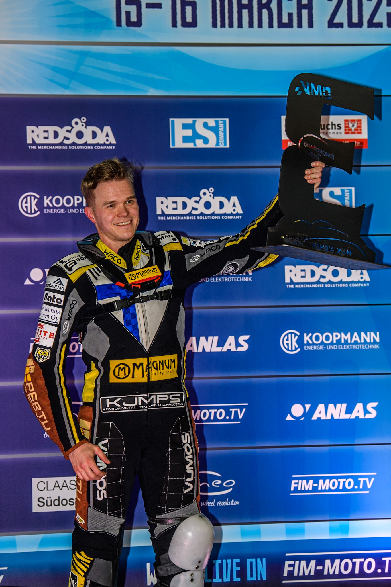 Heikki Huusko (67) of Finland holds his 3rd place trophy during the Ice Speedway Gladiators World Championship Final 1 at Max-Aicher-Arena, Inzell on Saturday 15th March 2025. (Photo: Ian Charles | MI News)