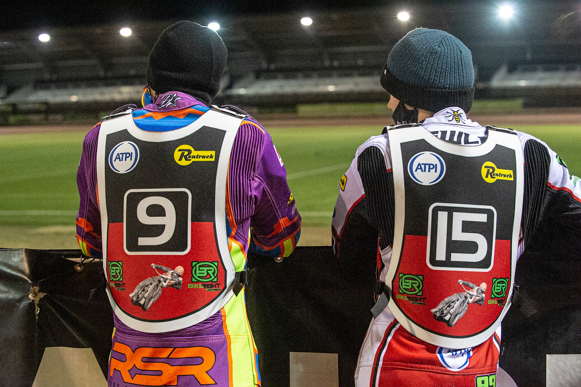 Photo: Ian CharlesRory Schlein (9) and Dan Bewley (15) watch the track prep for the Last Chance Qualifier Peter Craven Memorial Trophy, National Speedway Stadium, Manchester Thursday  22  October  2020