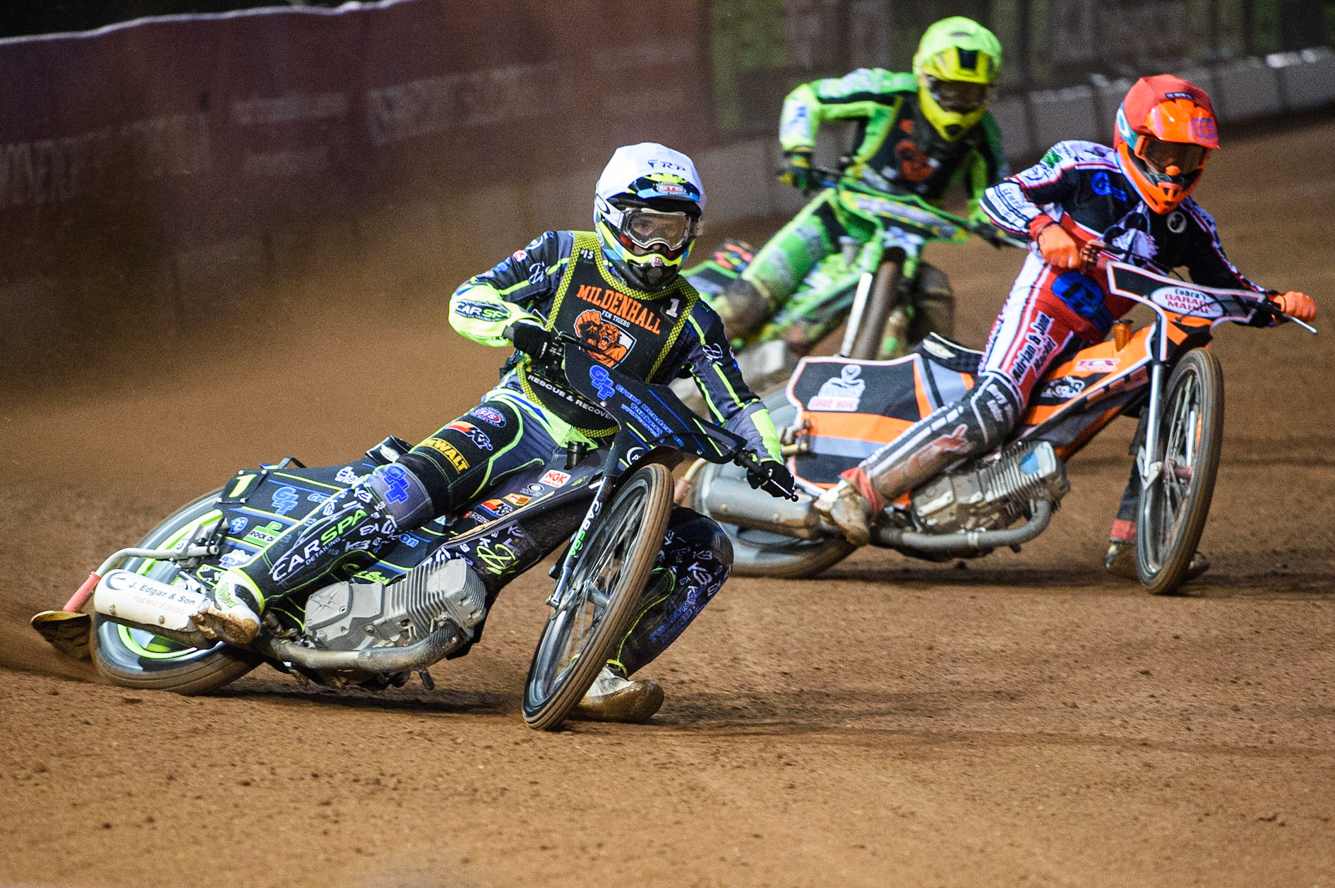 MANCHESTER, SEPT 3RD. Kyle Bickley  (White) leads Connor Coles (Red) and Sam Bebee  (Yellow) during the National Development League match between Belle Vue Aces and Mildenhall Fens Tigers at the National Speedway Stadium, Manchester on Friday 3rd September 2021. (Credit: Ian Charles | MI News)