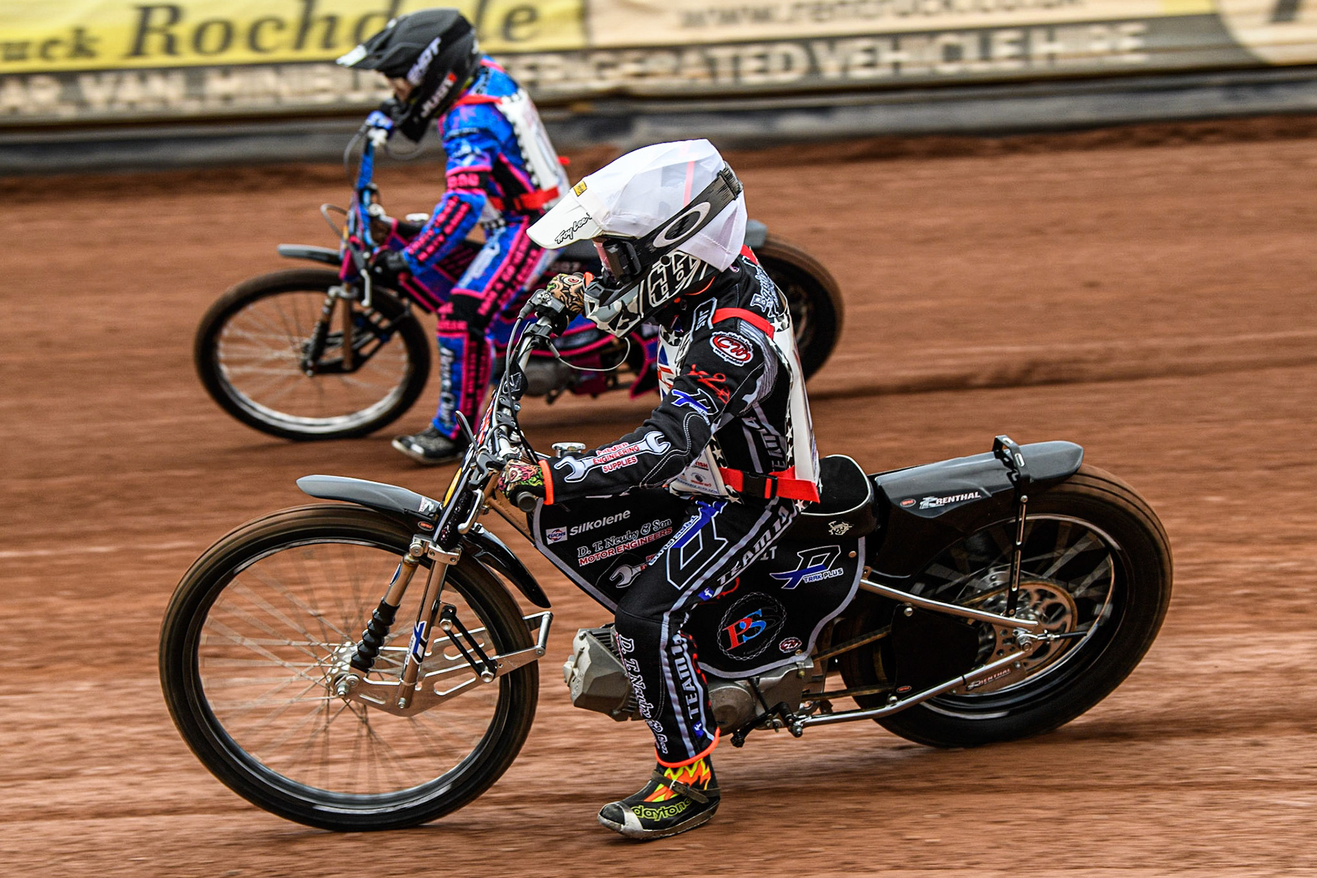 Kane Newby (White) inside Rocco Webb (Black\White) during the British Youth Championships at the National Speedway Stadium, Manchester on Friday 12th May 2023. (Photo: Ian Charles | MI News)