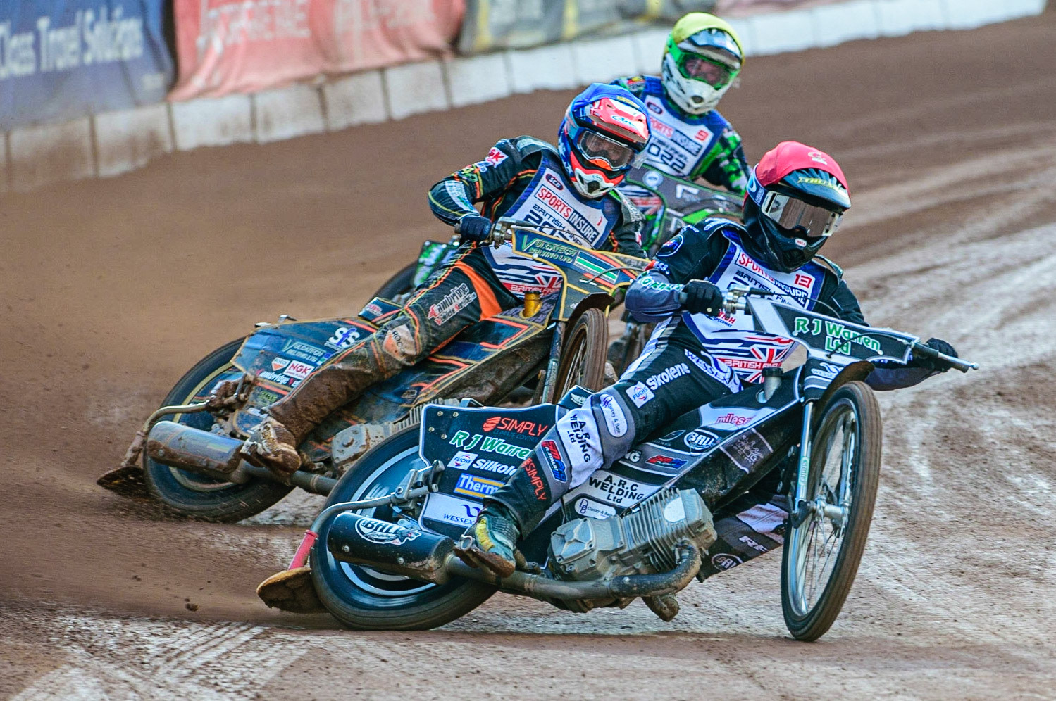 Danny King  (Red) leads Connor Mountain  (Blue) and Charles Wright  (Yellow) during the Sports Insure British Speedway Final, at the National Speedway Stadium, Manchester, on Sunday 18th September 2022. (Credit: Ian Charles | MI News )