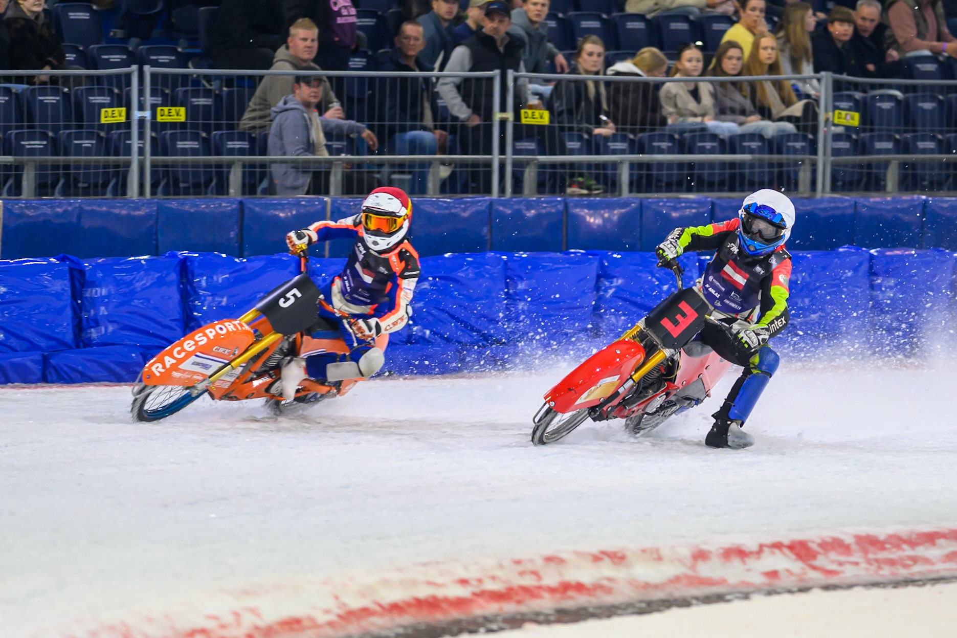 Harald Simon (3) of Austria   in White rides inside Jasper Iwema (5) of The Netherlands  in Red during the FIM Ice Speedway Of Nations at Ice Rink Thialf, Heerenveen on Sunday 12th April 2026. (Photo: Ian Charles | MI News)