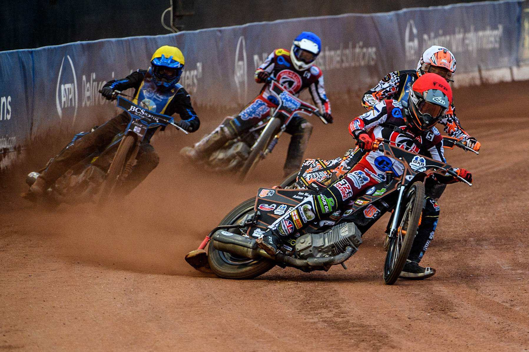 Jack Smith (Red) leads Ashton Boughen (Yellow), Mickey Simpson (White) and Paul Bowen (Blue) during the National Development League match between Belle Vue Colts and Edinburgh Monarchs Academy at the National Speedway Stadium, Manchester on Friday 21st July 2023. (Photo: Ian Charles | MI News)
