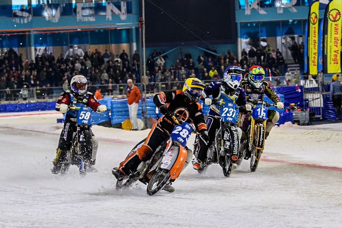 Netherland's Sebastian Reitsma (283) in Yellow leading Sweden's Jimmy Hörnell Lidfalk (237) in Blue Germany's Maximillian Neidermaier (16) in Red and Sweden's Stefan Svensson (58) in White during the FIM Ice Speedway Gladiators World Championship Final 4 at Ice Rink Thialf, Heerenveen on Sunday 7th April 2024. (Photo: Ian Charles | MI News)