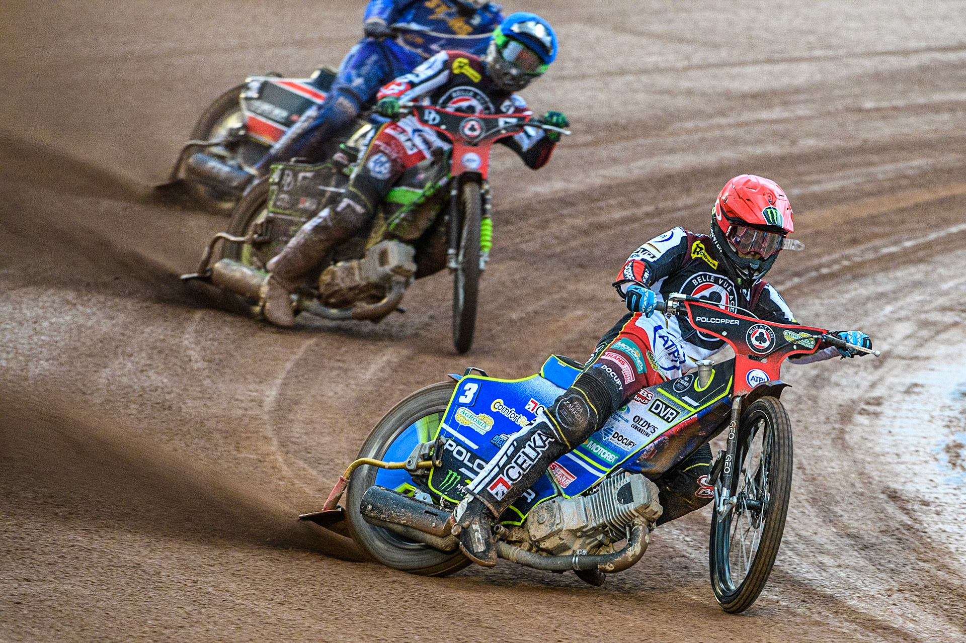 Jaimon Lidsey (Red) leads team mate Charles Wright (Blue) during the Sports Insure Premiership match between Belle Vue Aces and King's Lynn Stars at the National Speedway Stadium, Manchester on Monday 12th June 2023. (Photo: Ian Charles | MI News)